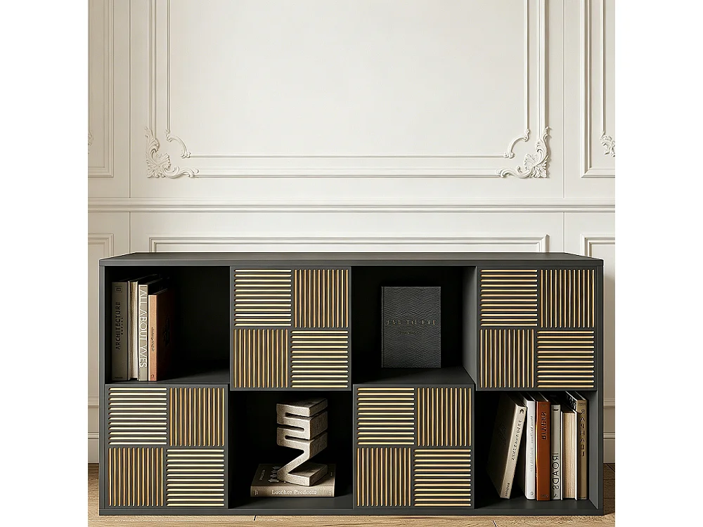 Czarna biblioteczka 125x30x60 cm z 4 otwartymi i 4 zamkniętymi przegródkami, modułowy design bez uchwytów