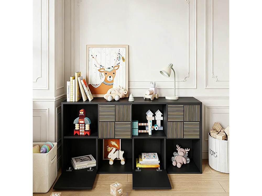 Czarna biblioteczka 125x30x60 cm z 4 otwartymi i 4 zamkniętymi przegródkami, modułowy design bez uchwytów