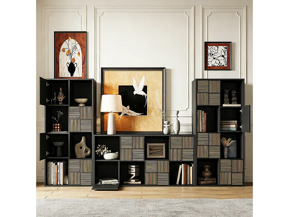 Czarna biblioteczka 125x30x60 cm z 4 otwartymi i 4 zamkniętymi przegródkami, modułowy design bez uchwytów