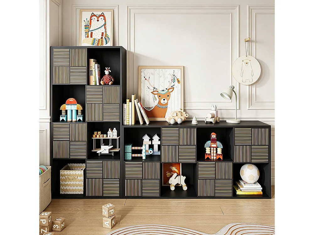Czarna biblioteczka 125x30x60 cm z 4 otwartymi i 4 zamkniętymi przegródkami, modułowy design bez uchwytów