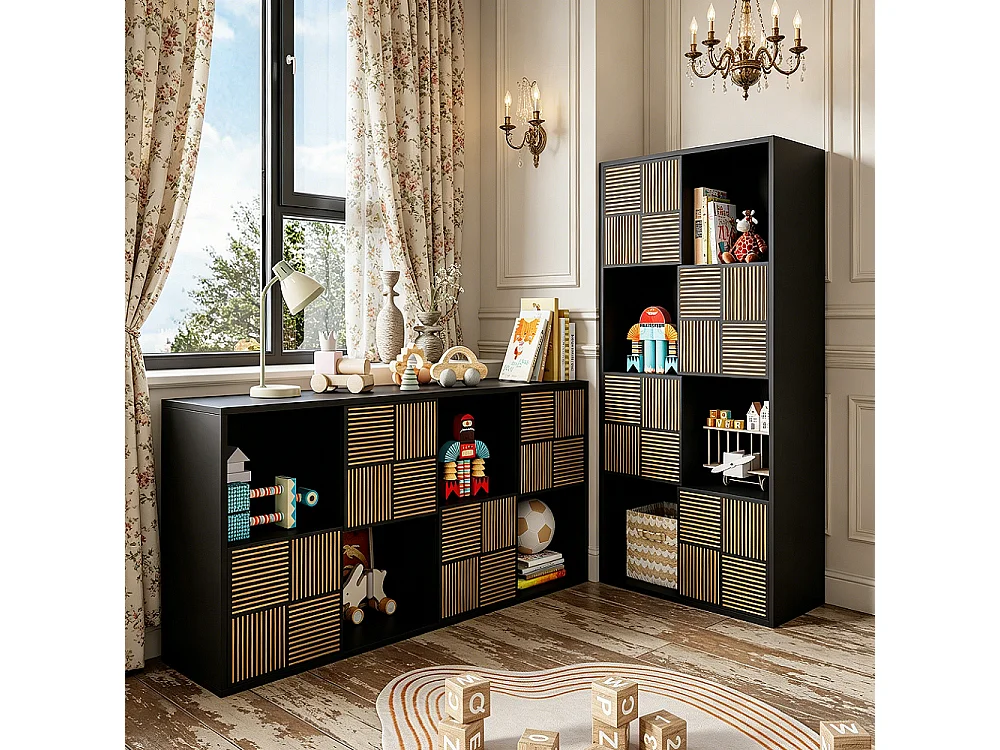 Czarna biblioteczka 125x30x60 cm z 4 otwartymi i 4 zamkniętymi przegródkami, modułowy design bez uchwytów