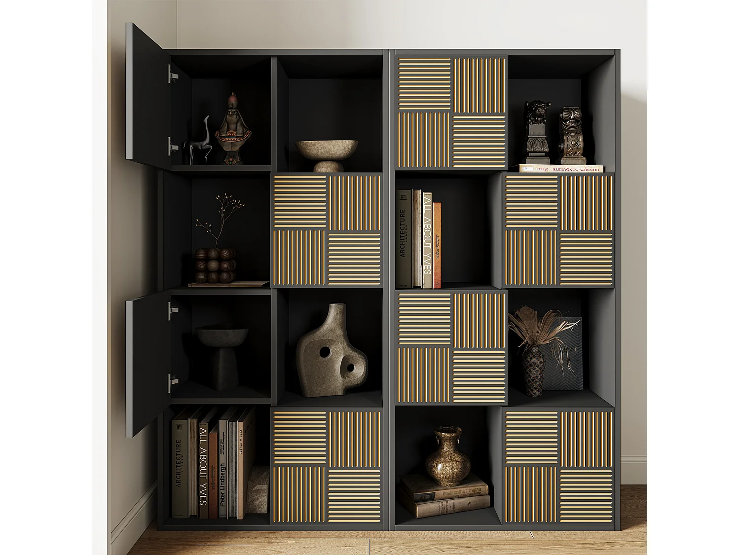 Étagère à cube - 125 x 30 x 60 cm - avec 8 compartiments et grille avant - Utilisation horizontale verticale - Noir