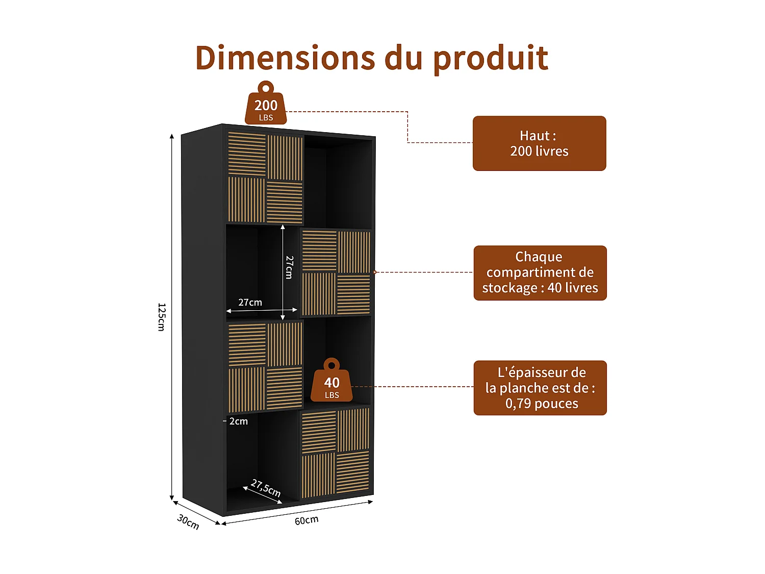 Étagère à cube - 125 x 30 x 60 cm - avec 8 compartiments et grille avant - Utilisation horizontale verticale - Noir