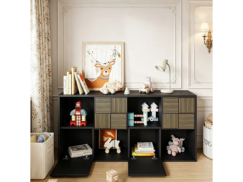 Zwarte kubusplank met 8 vakken en push-to-open deuren, 125x30x60 cm, modulair eigentijds design