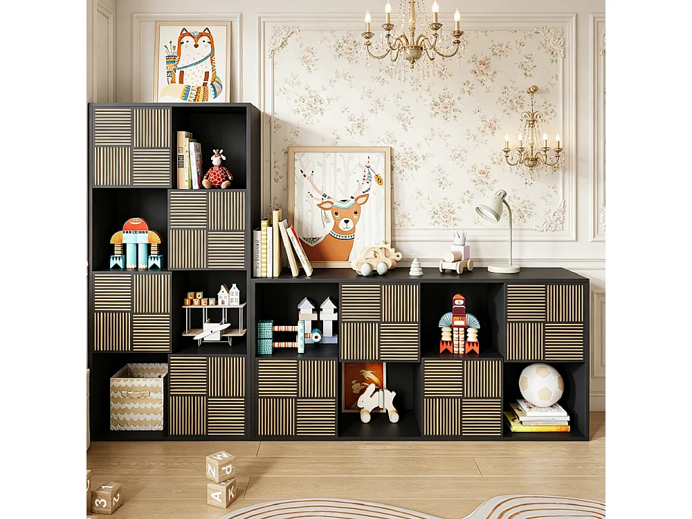Zwarte kubusplank met 8 vakken en push-to-open deuren, 125x30x60 cm, modulair eigentijds design