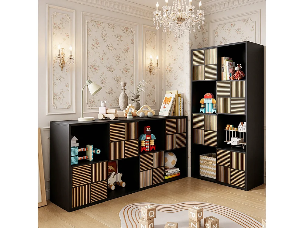 Zwarte kubusplank met 8 vakken en push-to-open deuren, 125x30x60 cm, modulair eigentijds design