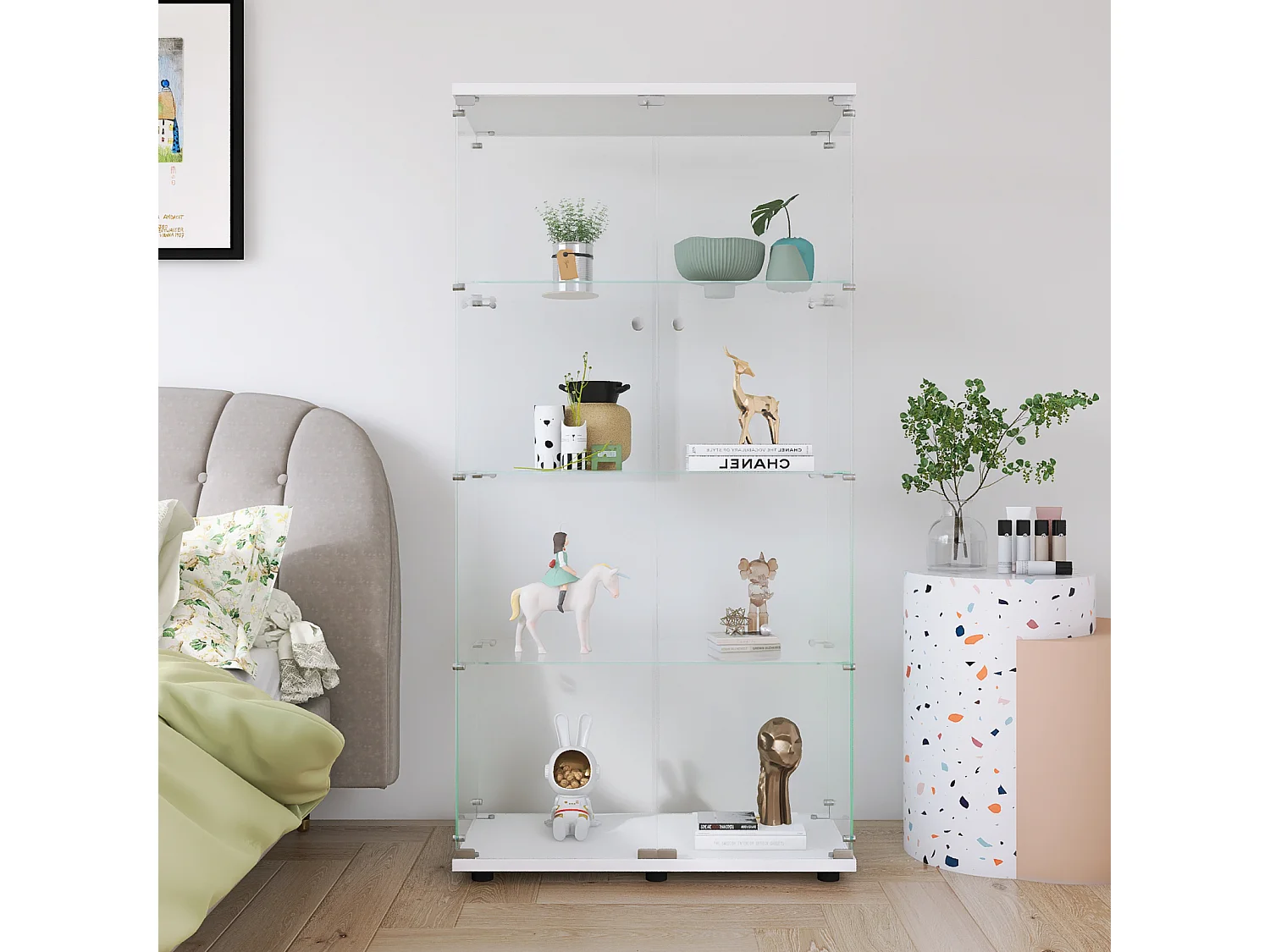 Étiquette Curio debout au sol - 164.34 × 36.32 × 80.52 cm - avec 4 étagères 2 portes - verre trempé transparent - Blanc