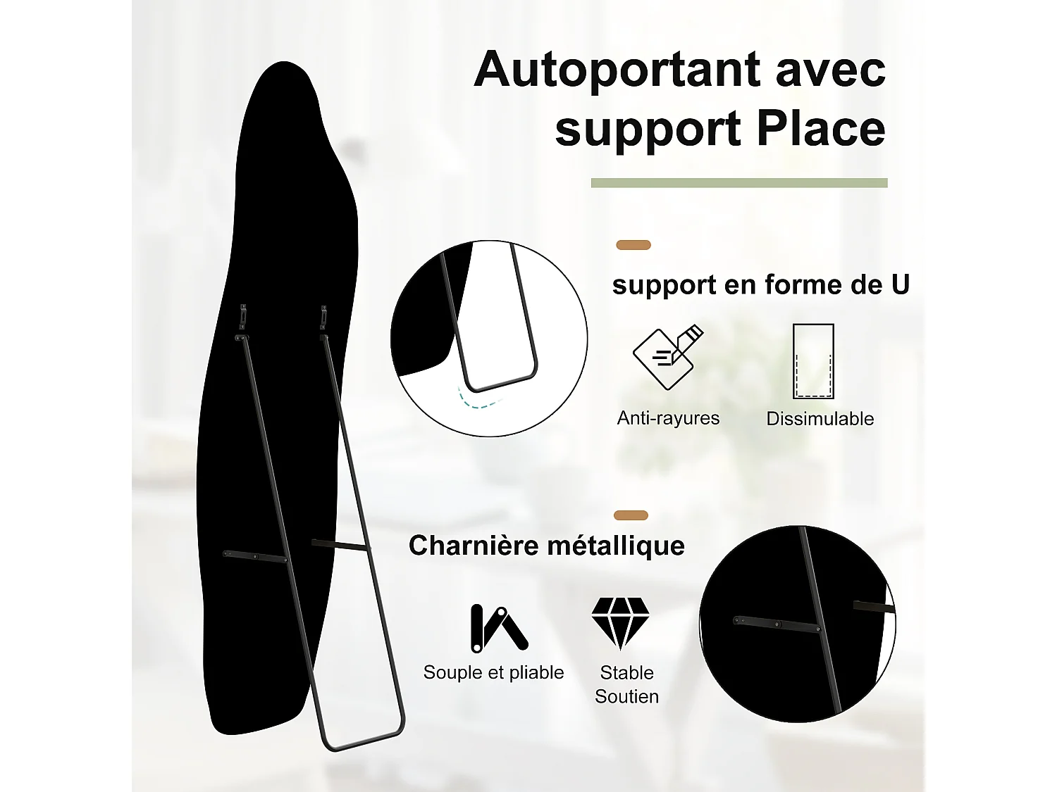 Miroir à corps complet - 140 x 45 x 3 cm - Forme incurvée irrégulière - avec cadre en flanelle - noir