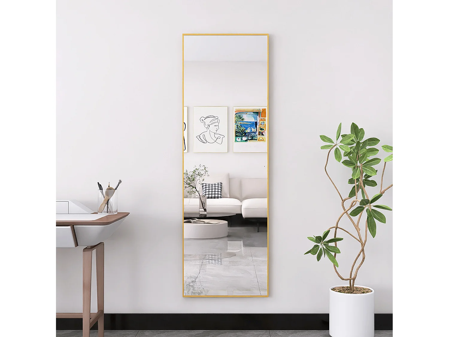 162 x 53 cm Miroir debout - Miroir rectangulaire pleine longueur - avec cadre en aluminium - Or