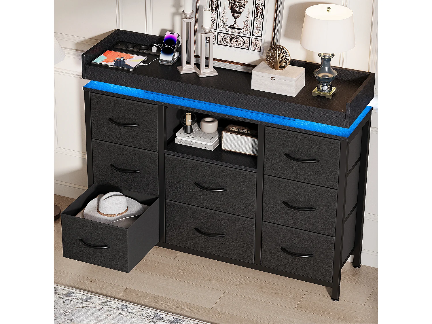 Armoire à 8 tiroirs - 108 x 30 x 82 cm - avec lumière LED RVB - avec prise de charge - noir