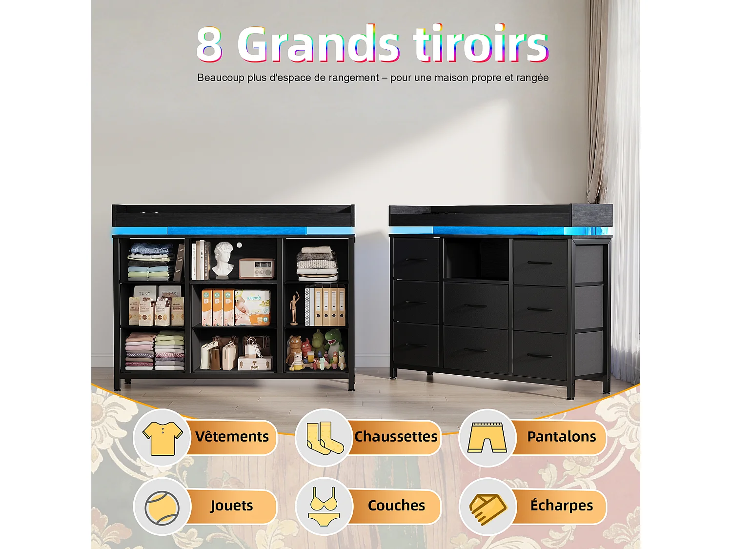 Armoire à 8 tiroirs - 108 x 30 x 82 cm - avec lumière LED RVB - avec prise de charge - noir