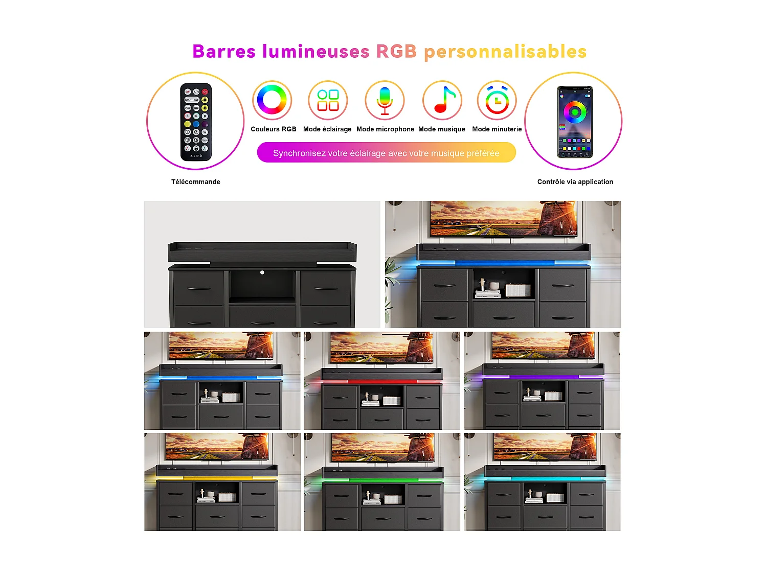 Armoire à 8 tiroirs - 108 x 30 x 82 cm - avec lumière LED RVB - avec prise de charge - noir