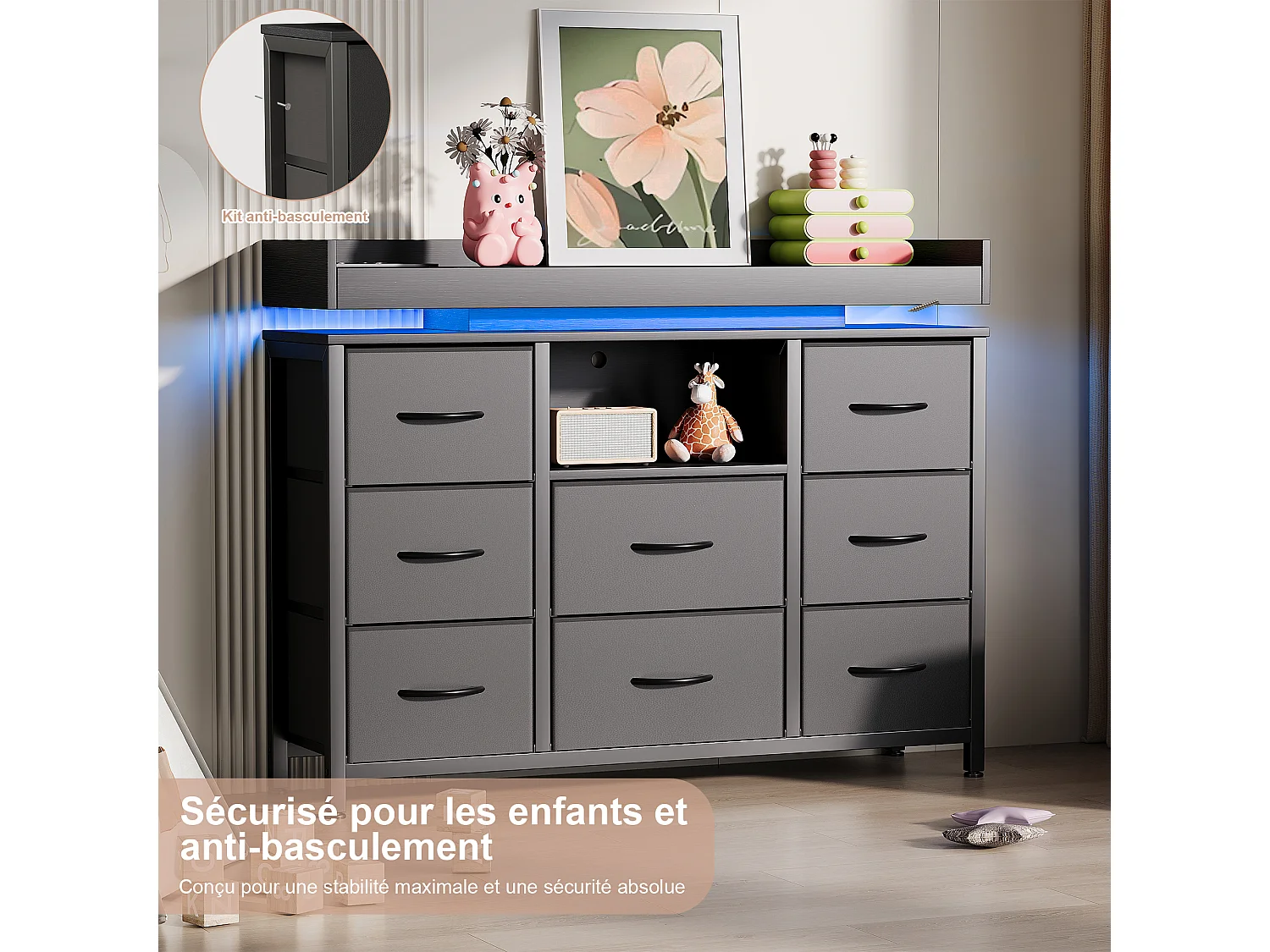 Armoire à 8 tiroirs - 108 x 30 x 82 cm - avec lumière LED RVB - avec prise de charge - noir