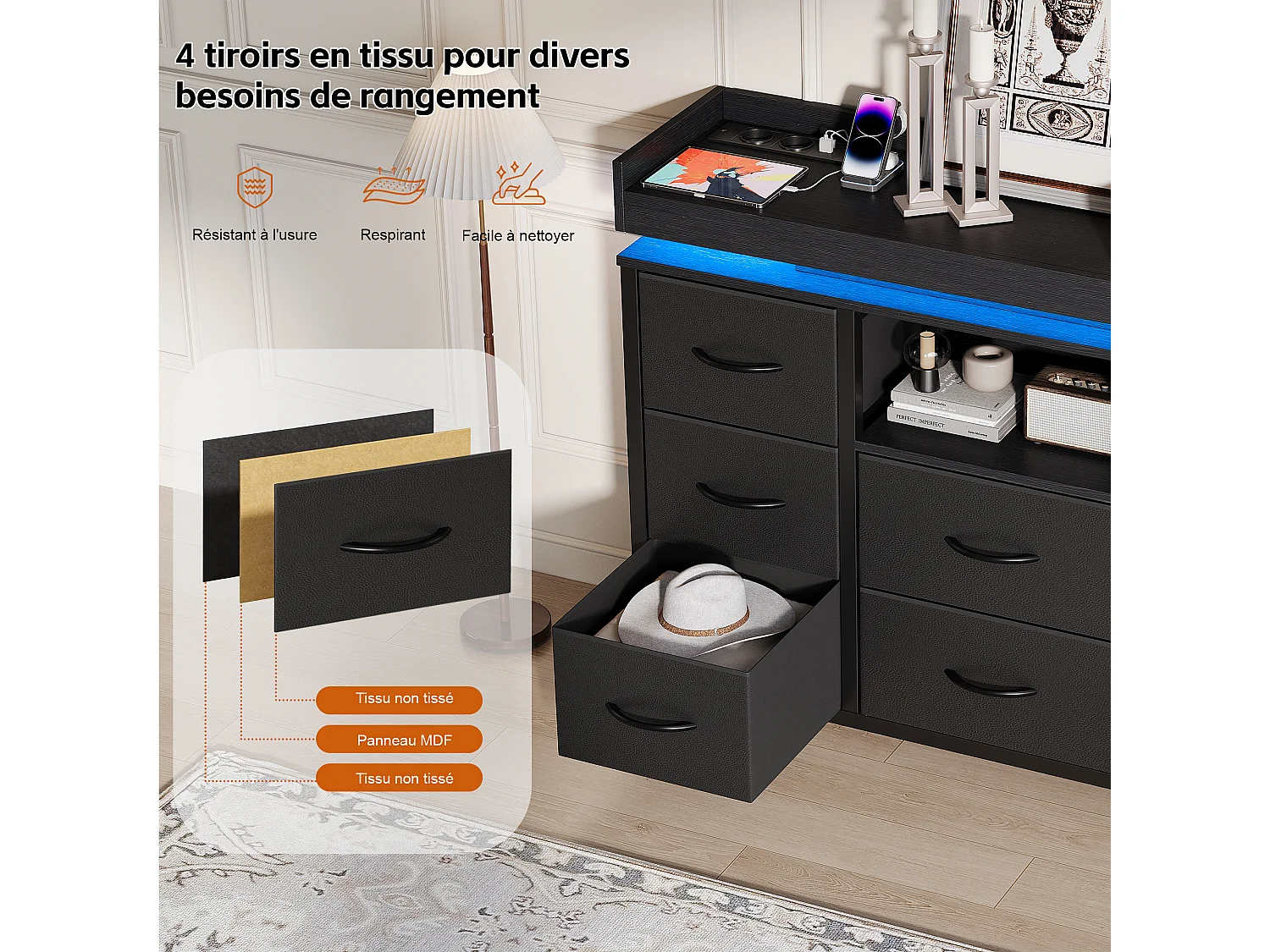 Armoire à 8 tiroirs - 108 x 30 x 82 cm - avec lumière LED RVB - avec prise de charge - noir