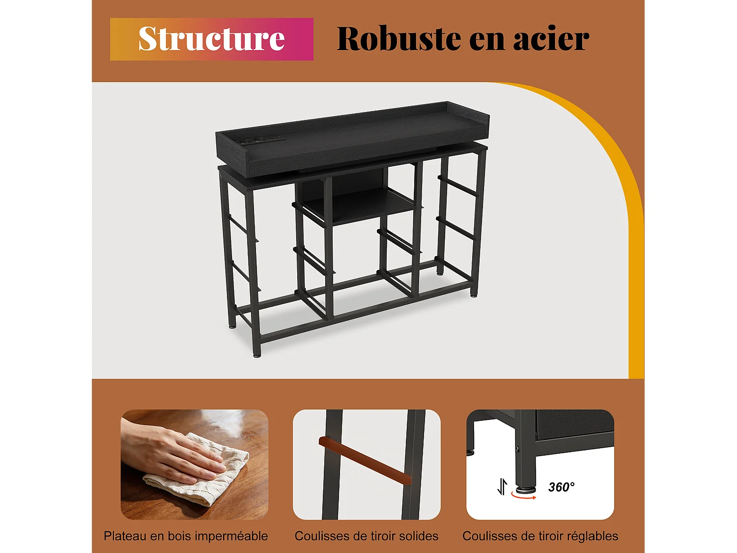 Armoire à 8 tiroirs - 108 x 30 x 82 cm - avec lumière LED RVB - avec prise de charge - noir