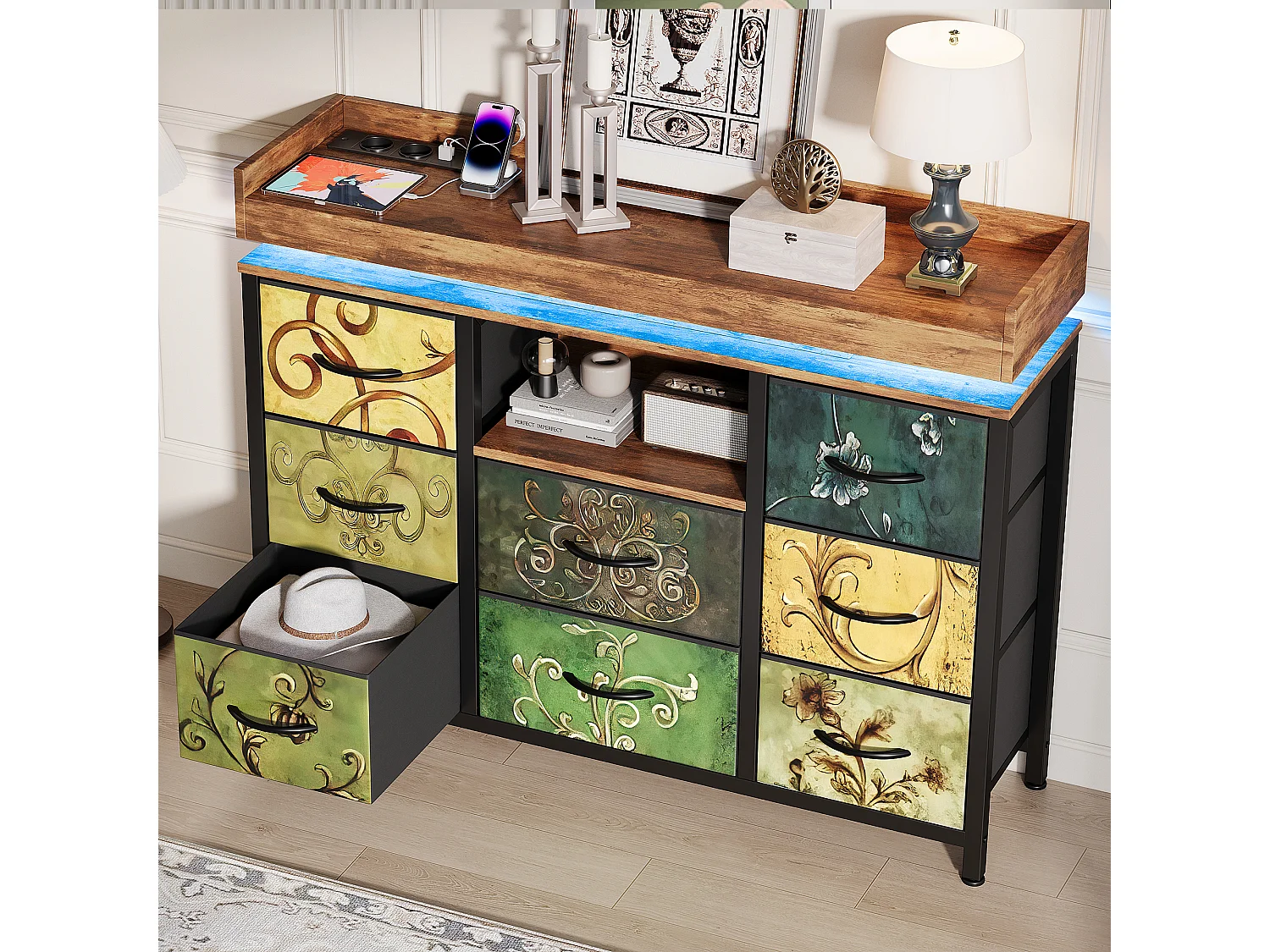 Armoire à 8 tiroirs - 108 x 30 x 82 cm - avec lumière LED RVB - avec prise de charge - multicolore