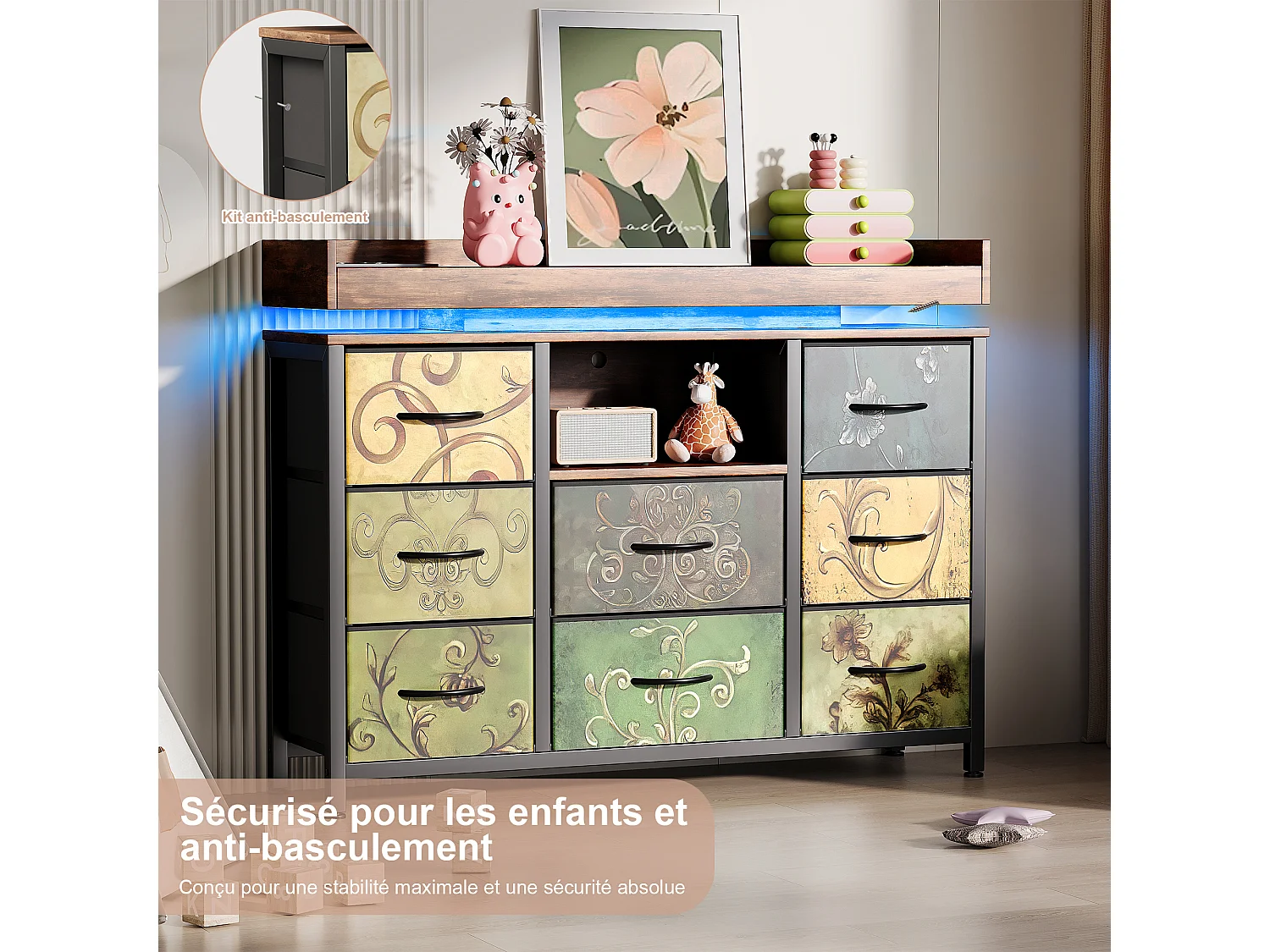 Armoire à 8 tiroirs - 108 x 30 x 82 cm - avec lumière LED RVB - avec prise de charge - multicolore