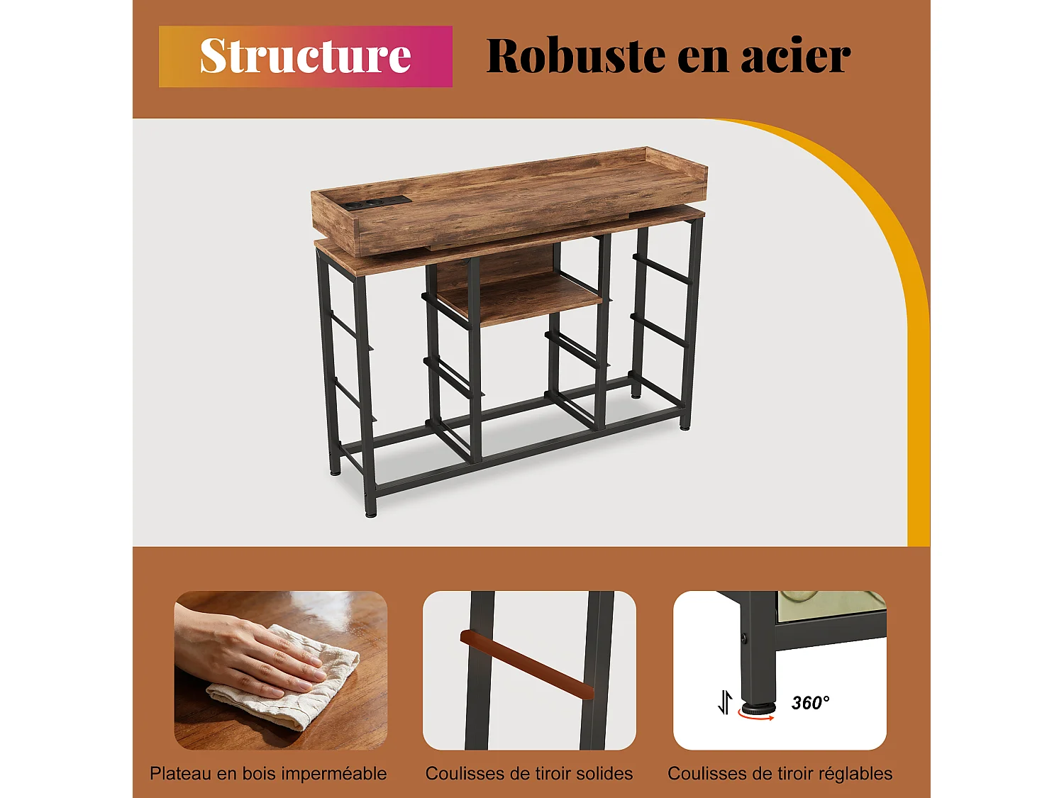 Armoire à 8 tiroirs - 108 x 30 x 82 cm - avec lumière LED RVB - avec prise de charge - multicolore