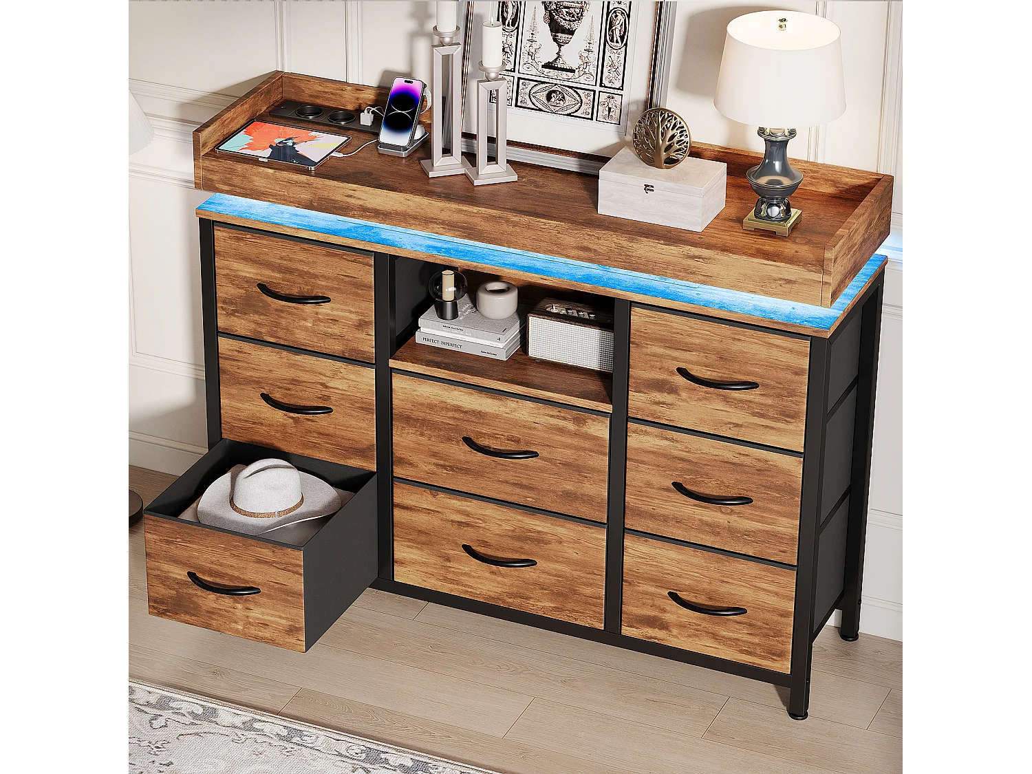 Armoire à 8 tiroirs - 108 x 30 x 82 cm - avec lumière LED RVB - avec prise de charge - marron