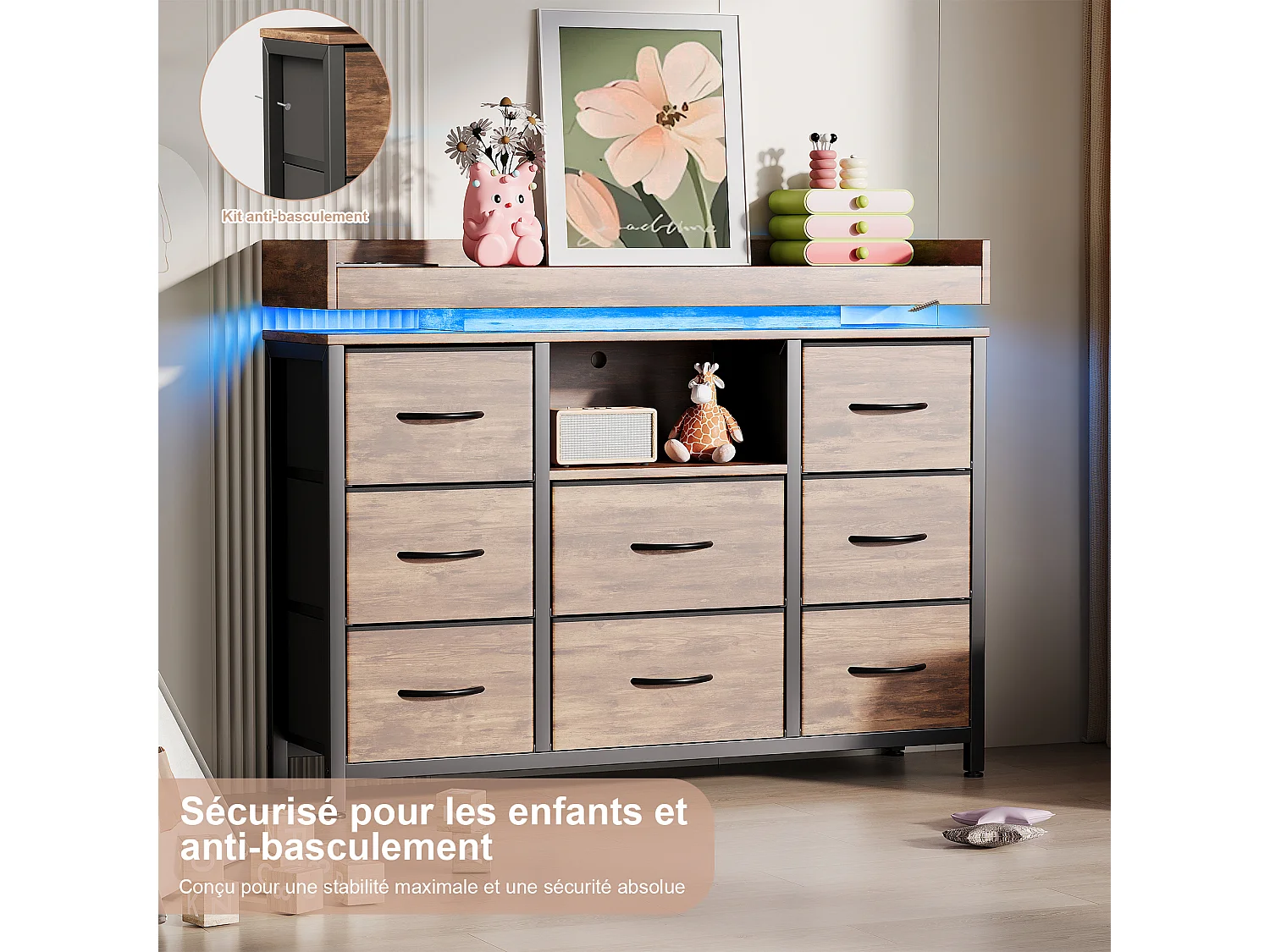 Armoire à 8 tiroirs - 108 x 30 x 82 cm - avec lumière LED RVB - avec prise de charge - marron