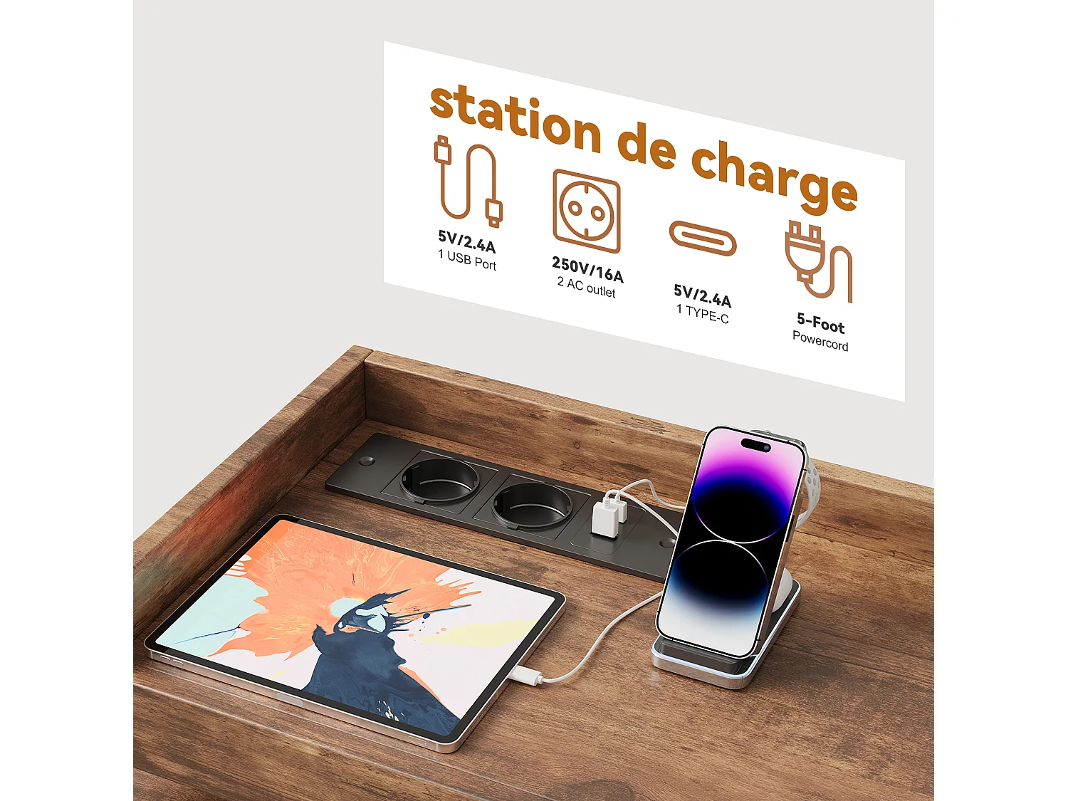 Armoire à 8 tiroirs - 108 x 30 x 82 cm - avec lumière LED RVB - avec prise de charge - marron