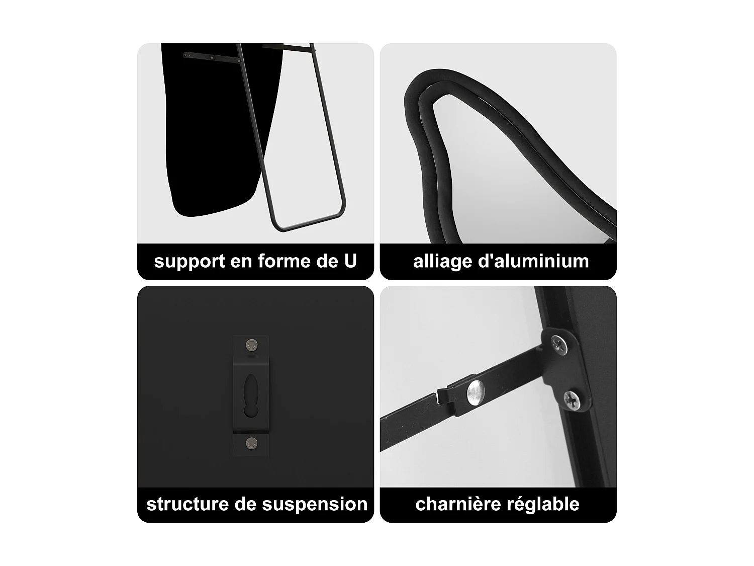 Miroir à corps complet - 160 x 50 x 3 cm - Forme incurvée irrégulière - avec cadre en flanelle - noir