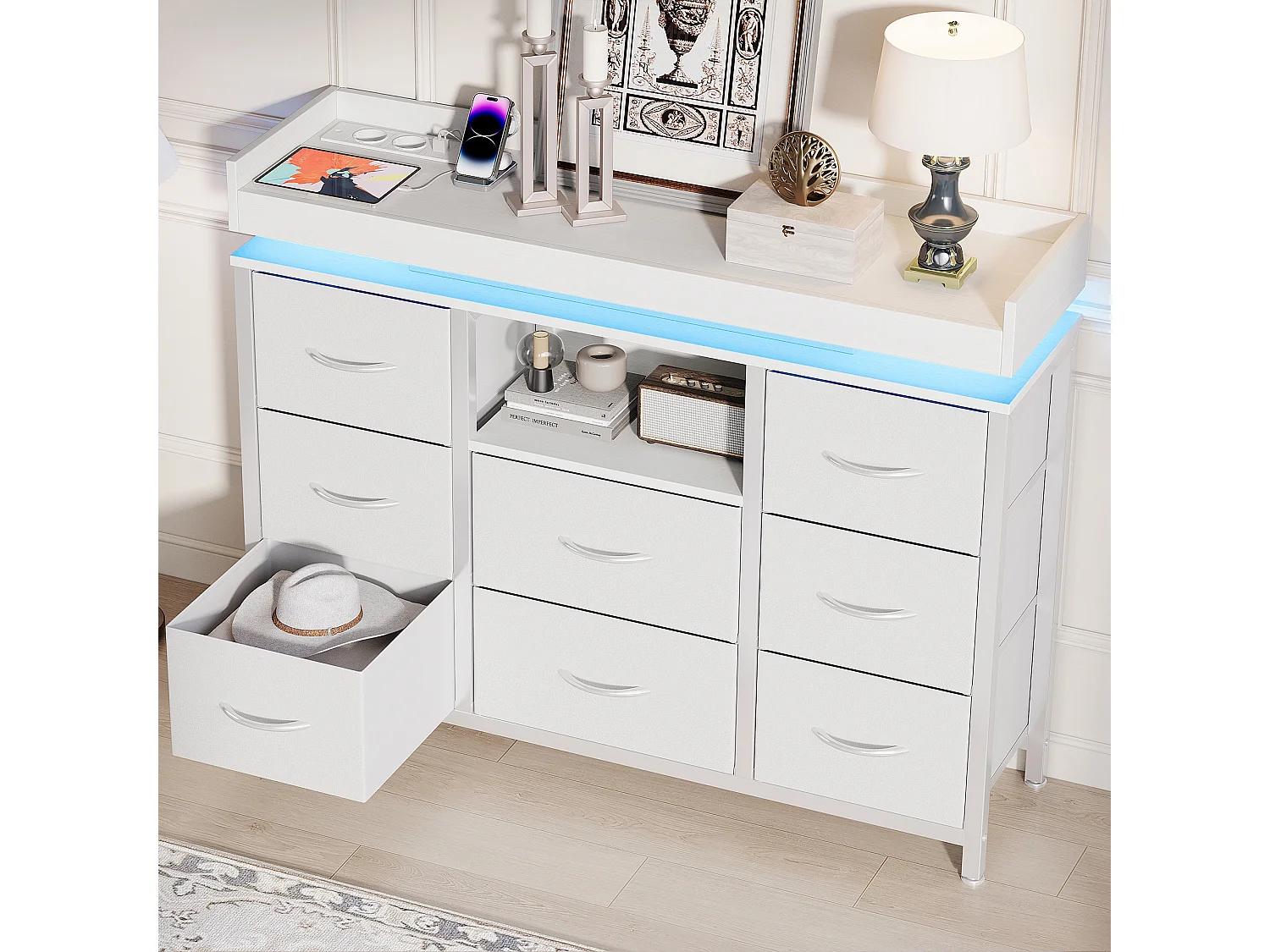 Armoire à 8 tiroirs - 108 x 30 x 82 cm - avec lumière LED RVB - avec prise de charge - blanc