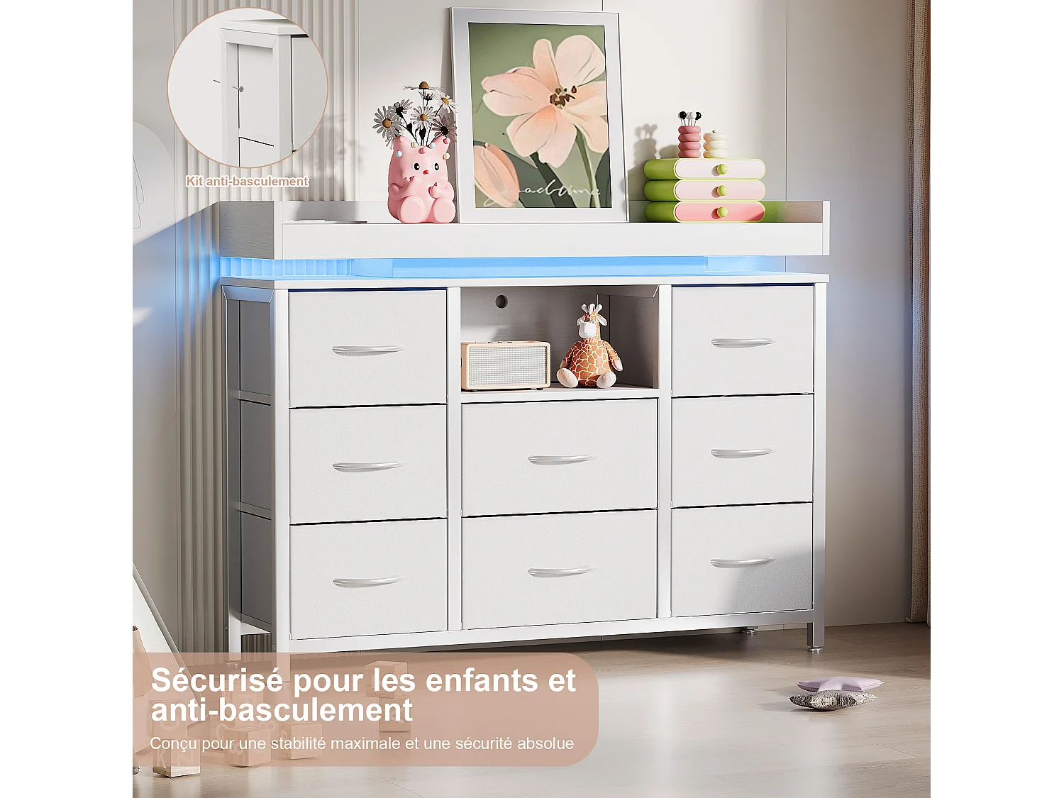 Armoire à 8 tiroirs - 108 x 30 x 82 cm - avec lumière LED RVB - avec prise de charge - blanc