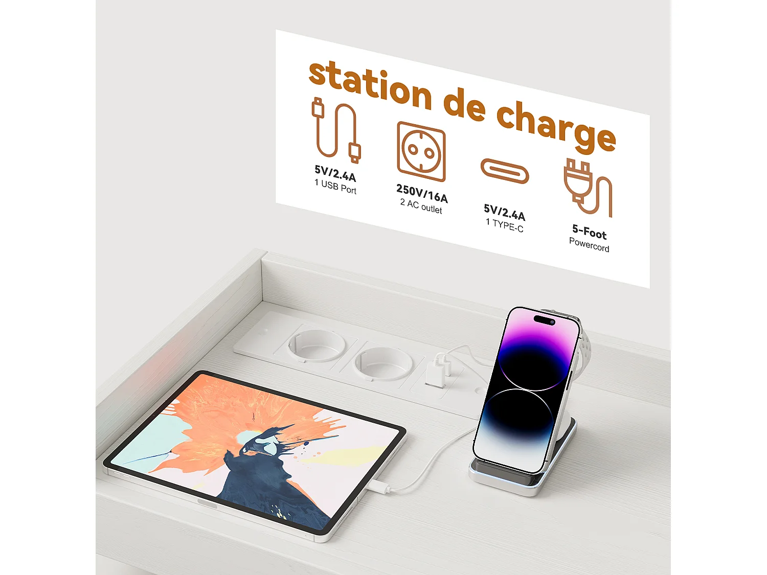 Armoire à 8 tiroirs - 108 x 30 x 82 cm - avec lumière LED RVB - avec prise de charge - blanc