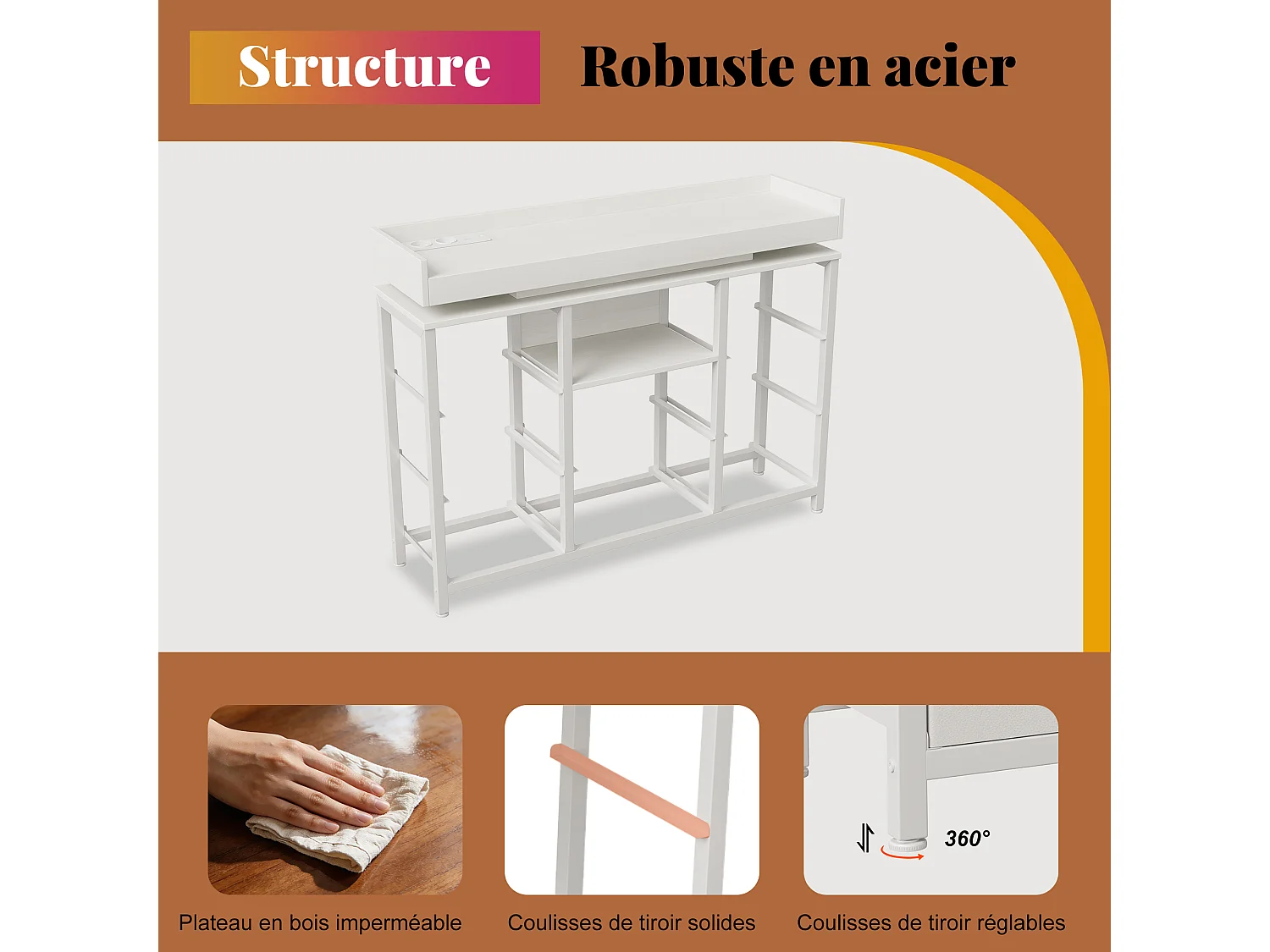 Armoire à 8 tiroirs - 108 x 30 x 82 cm - avec lumière LED RVB - avec prise de charge - blanc