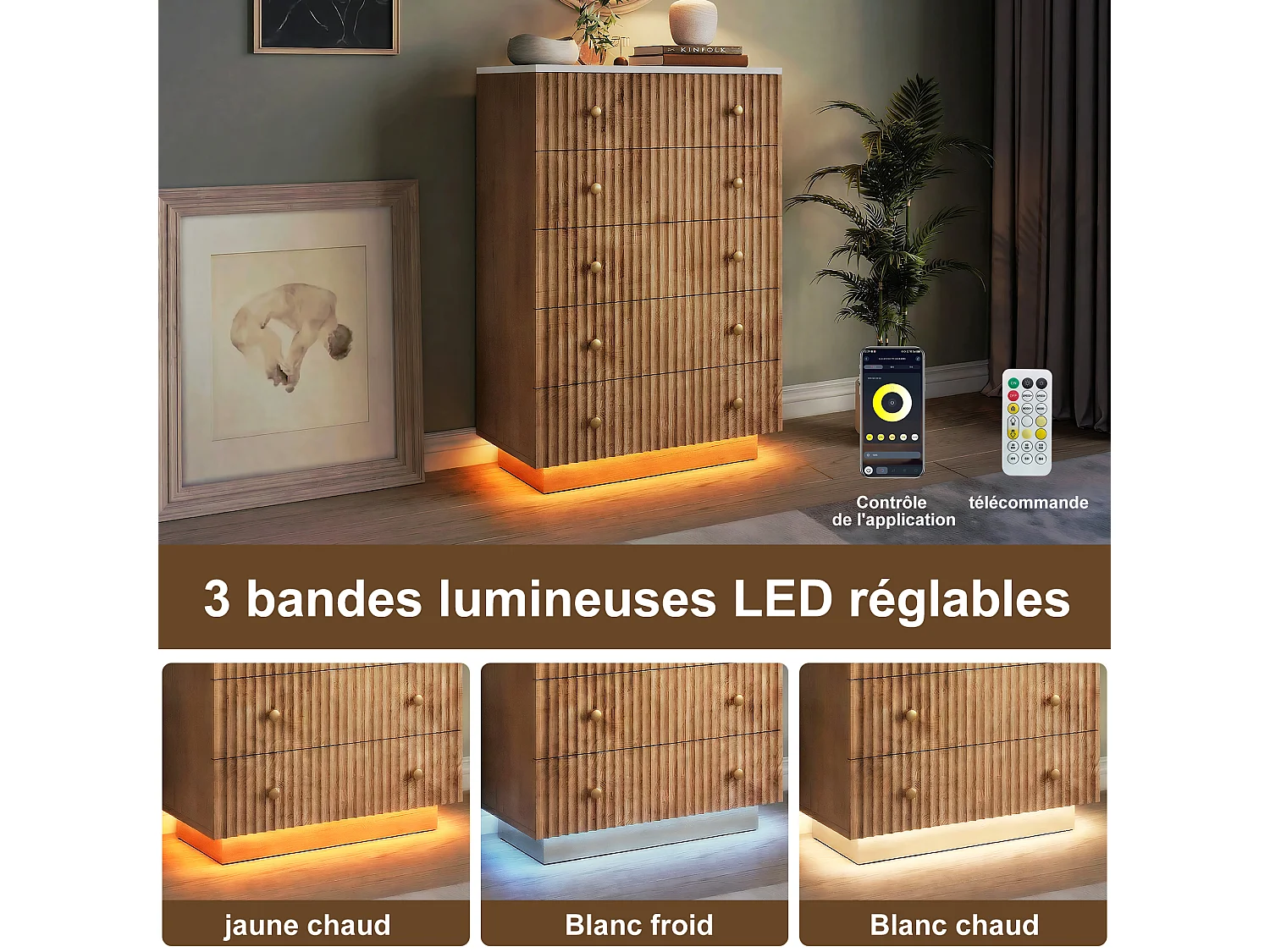 Commore avec 5 tiroirs- 73 x 40 x 111 cm - Style Rural - Lumières LED