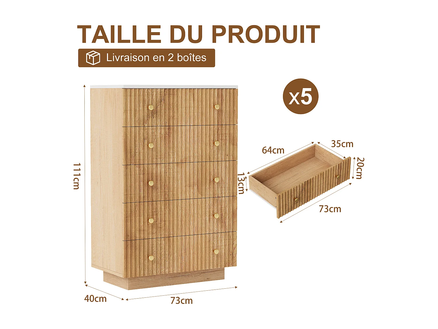 Commore avec 5 tiroirs- 73 x 40 x 111 cm - Style Rural - Lumières LED