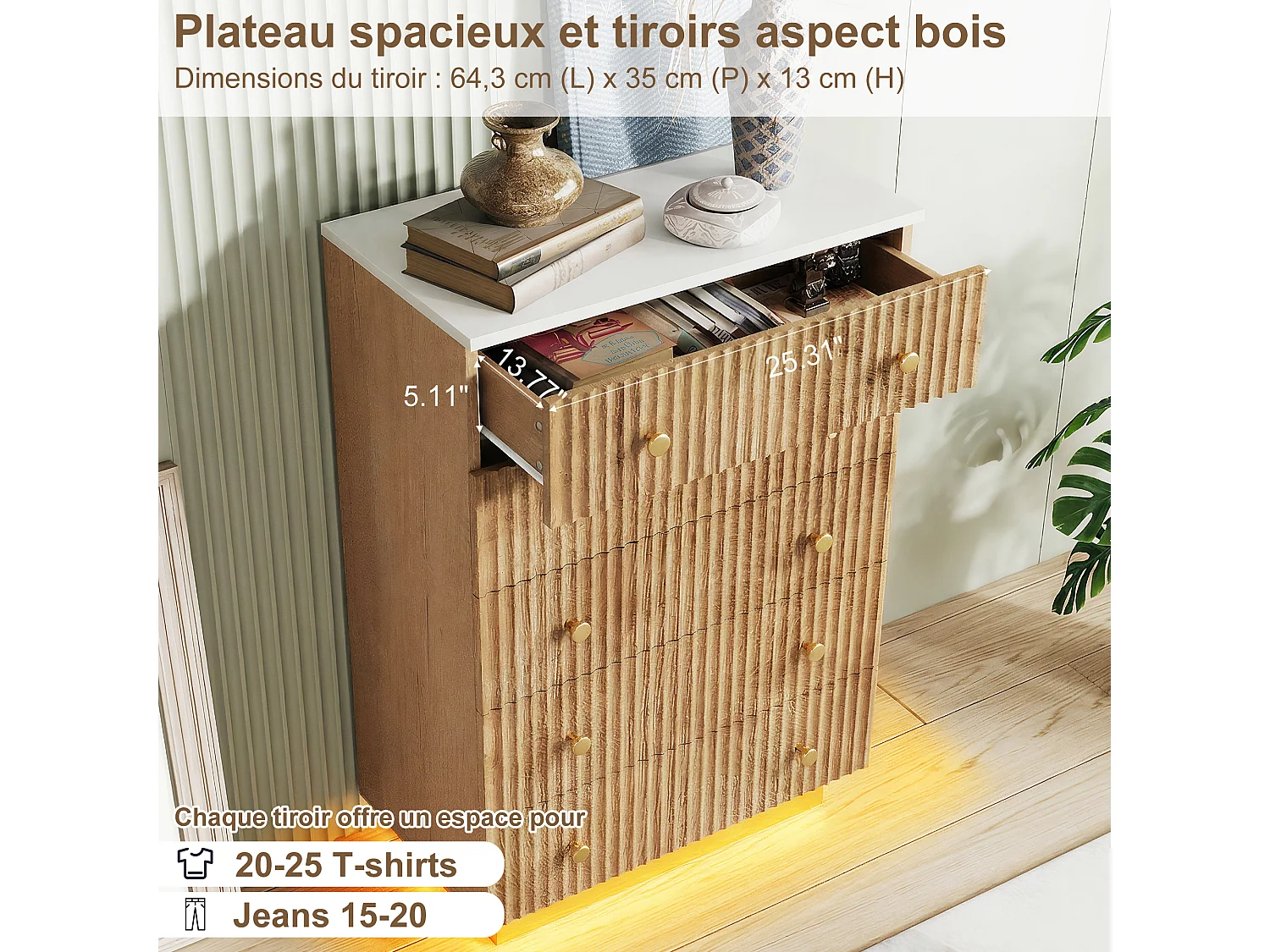 Commore avec 5 tiroirs- 73 x 40 x 111 cm - Style Rural - Lumières LED
