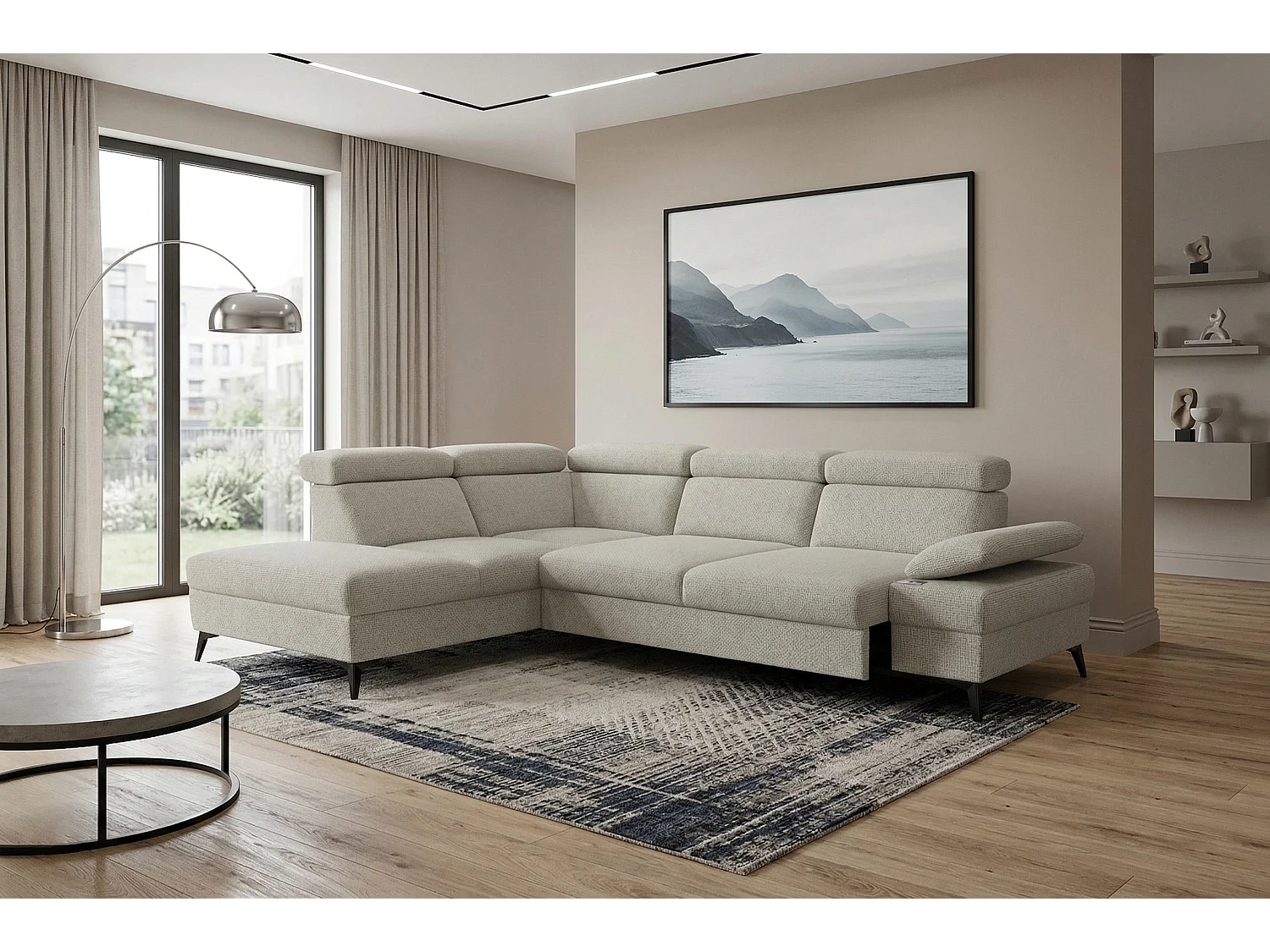 Canapé d’angle moderne Vigo avec fonction RELAX et appuie-têtes réglables – idéal pour le salon