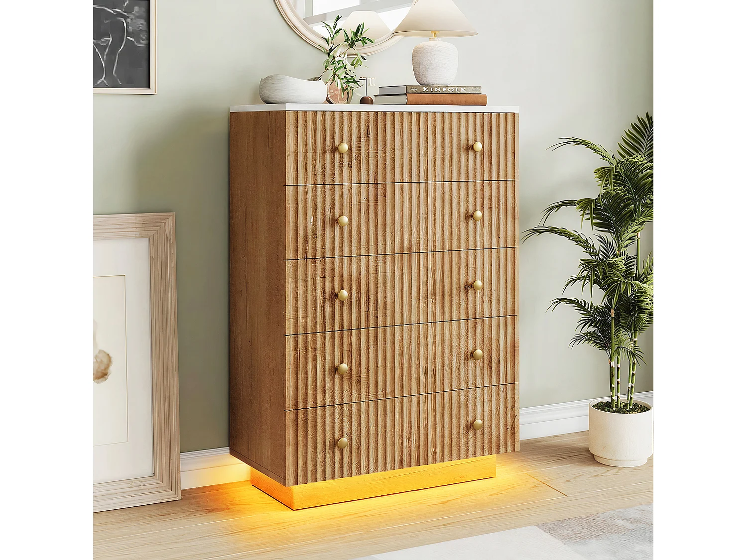 Armoire en bois - 73 x 40 x 111 cm - avec 5 tiroirs - Lumières LED - Style Rural