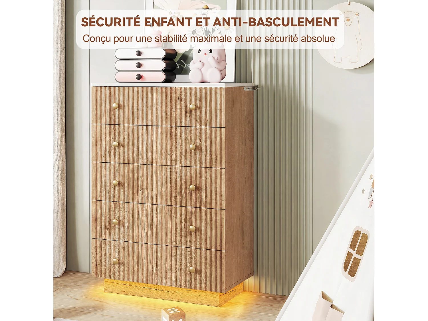 Armoire en bois - 73 x 40 x 111 cm - avec 5 tiroirs - Lumières LED - Style Rural