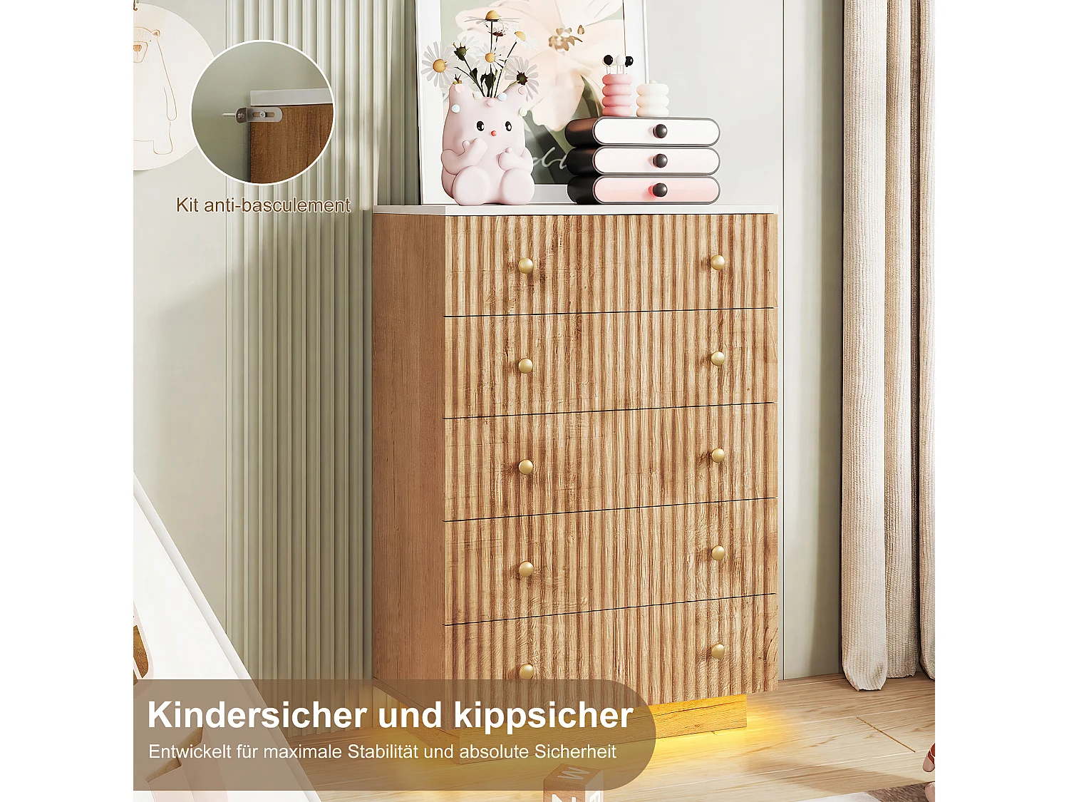 Armoire en bois - 73 x 40 x 111 cm - avec 5 tiroirs - Lumières LED - Style Rural