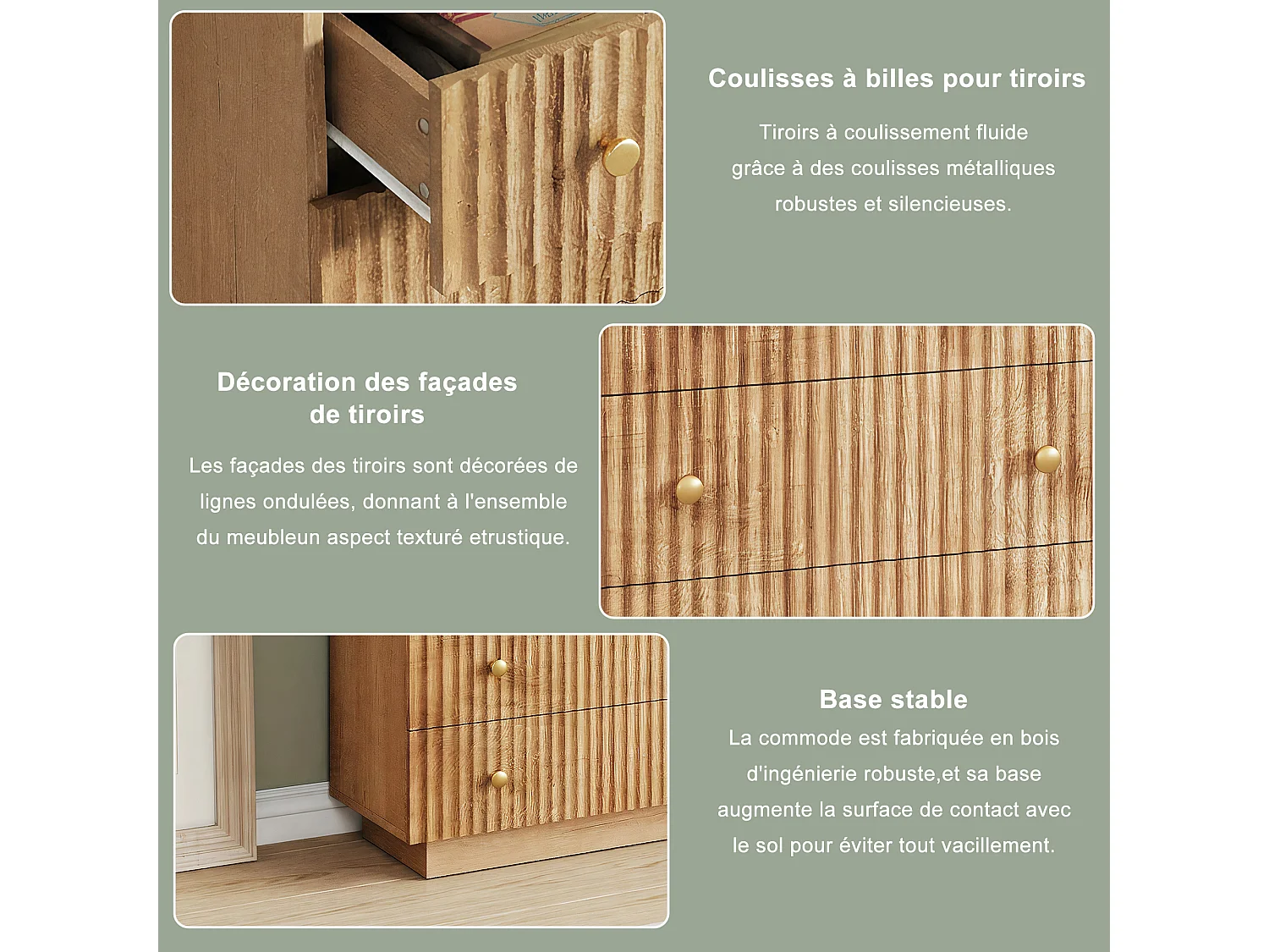 Armoire en bois - 73 x 40 x 111 cm - avec 5 tiroirs - Lumières LED - Style Rural