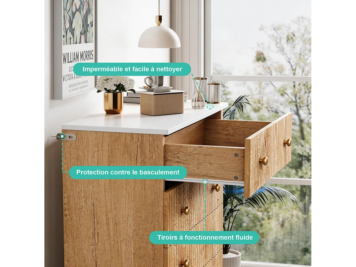 Armoire en bois - 73 x 40 x 111 cm - avec 5 tiroirs - Lumières LED - Style Rural