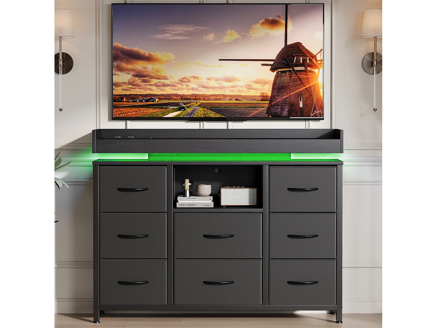 commode de tiroirs - - 108 x 30 x 82 cm - 8 tiroirs avec lumière LED RVB - avec prise de charge - noir