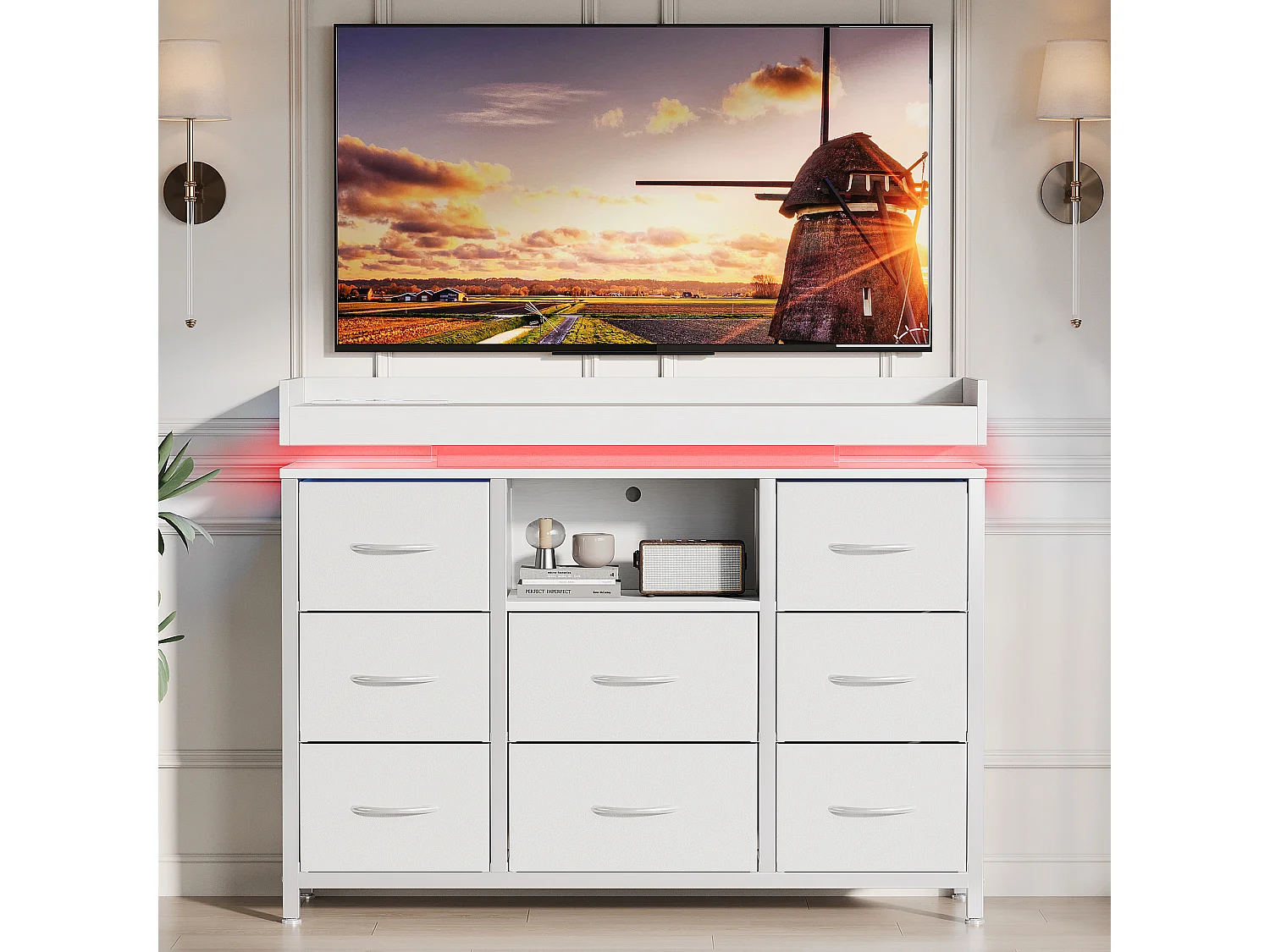 commode de tiroirs - - 108 x 30 x 82 cm - 8 tiroirs avec lumière LED RVB - avec prise de charge - blanc