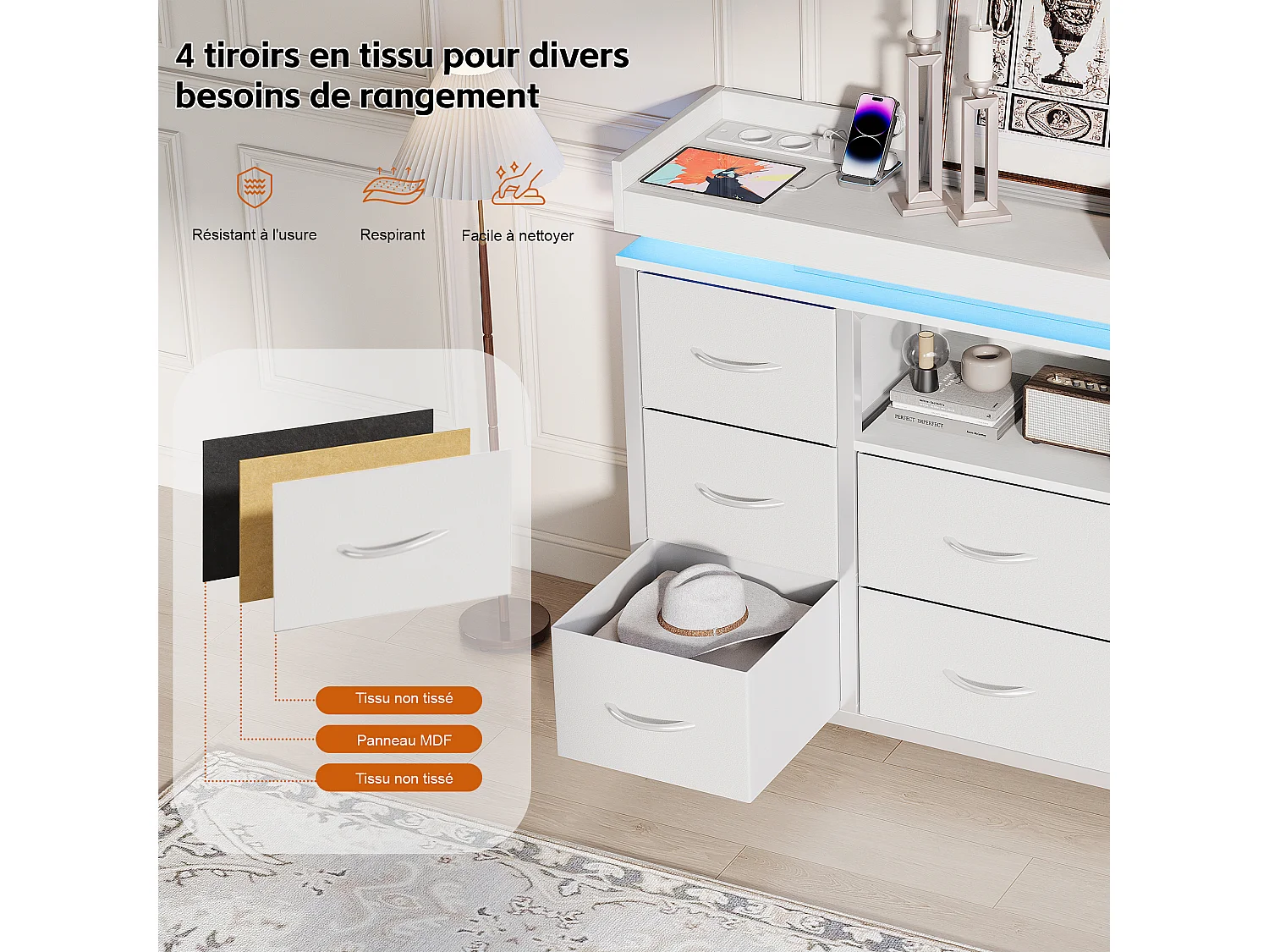 commode de tiroirs - - 108 x 30 x 82 cm - 8 tiroirs avec lumière LED RVB - avec prise de charge - blanc