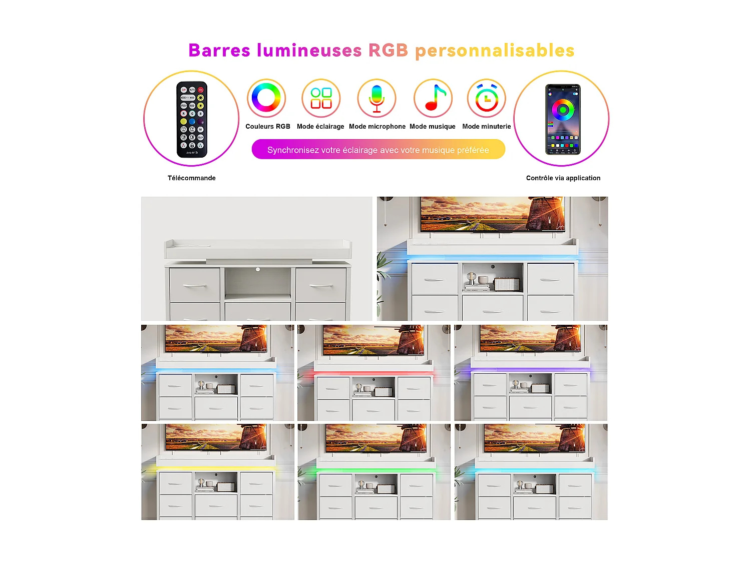 commode de tiroirs - - 108 x 30 x 82 cm - 8 tiroirs avec lumière LED RVB - avec prise de charge - blanc