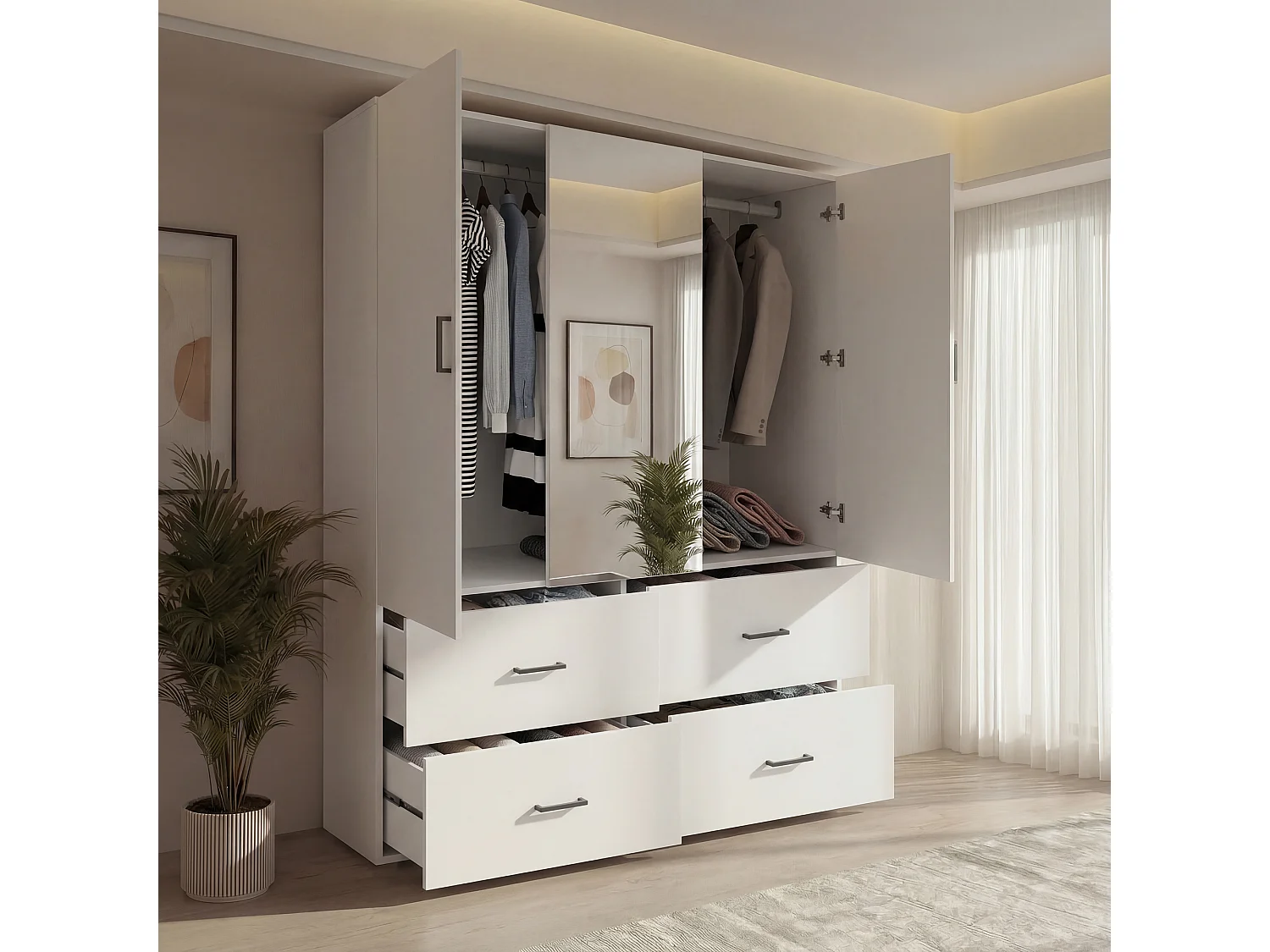 Witte hoekkast met spiegel, 2 deuren, 4 lades, 130x52x182 cm, kledingopslag voor volwassenen