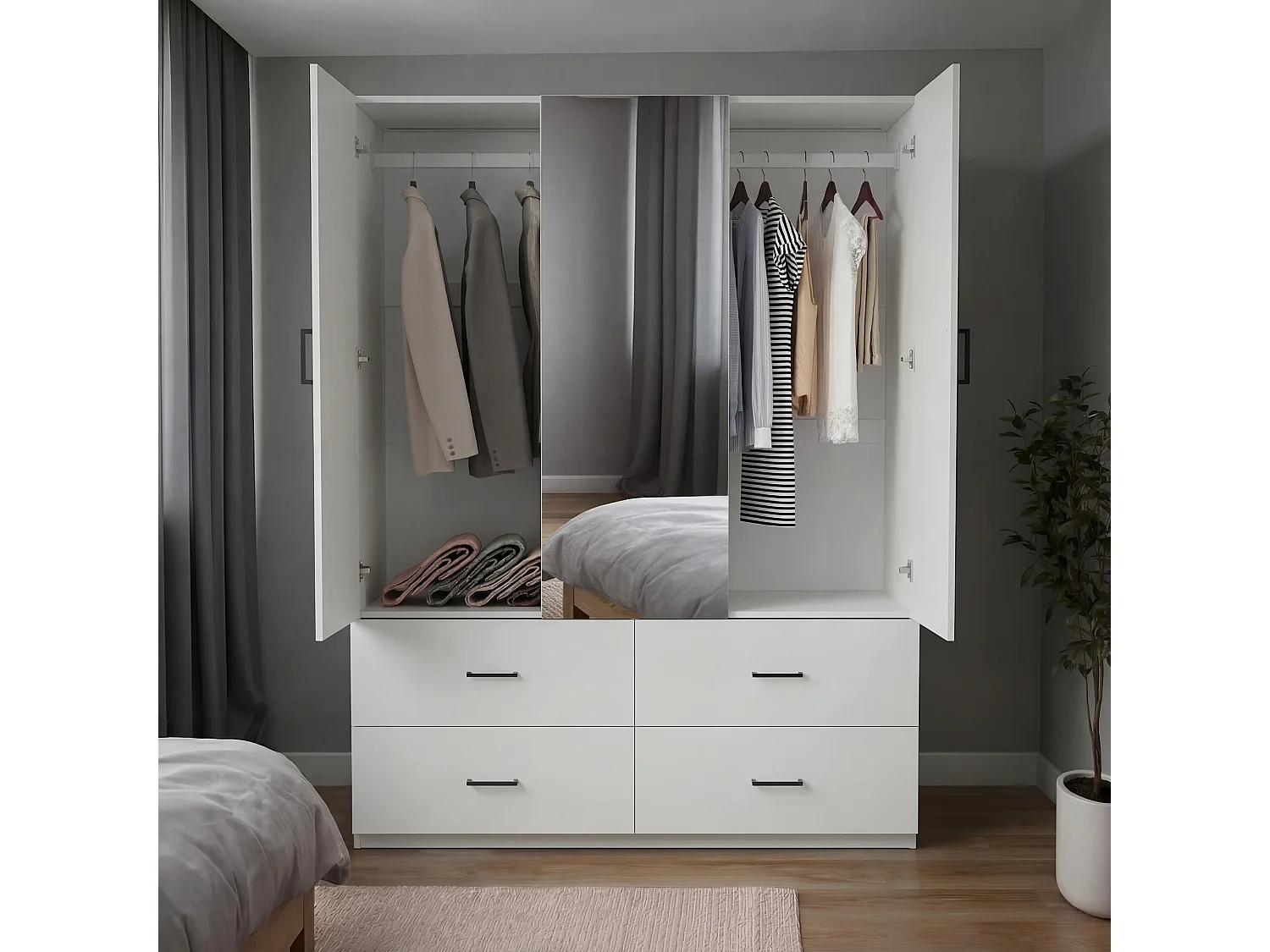 Witte hoekkast met spiegel, 2 deuren, 4 lades, 130x52x182 cm, kledingopslag voor volwassenen