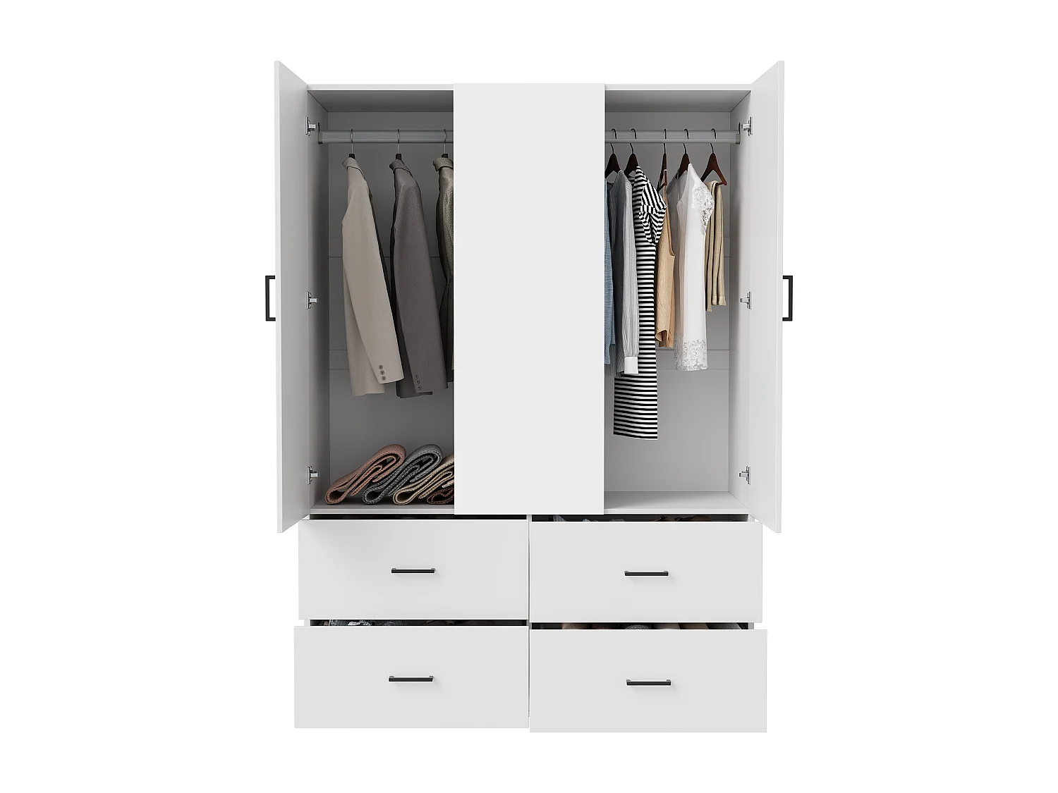 Witte hoekkast met spiegel, 2 deuren, 4 lades, 130x52x182 cm, kledingopslag voor volwassenen