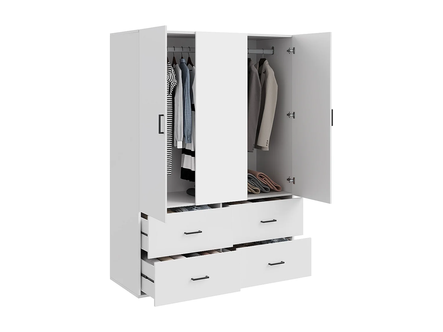 Witte hoekkast met spiegel, 2 deuren, 4 lades, 130x52x182 cm, kledingopslag voor volwassenen