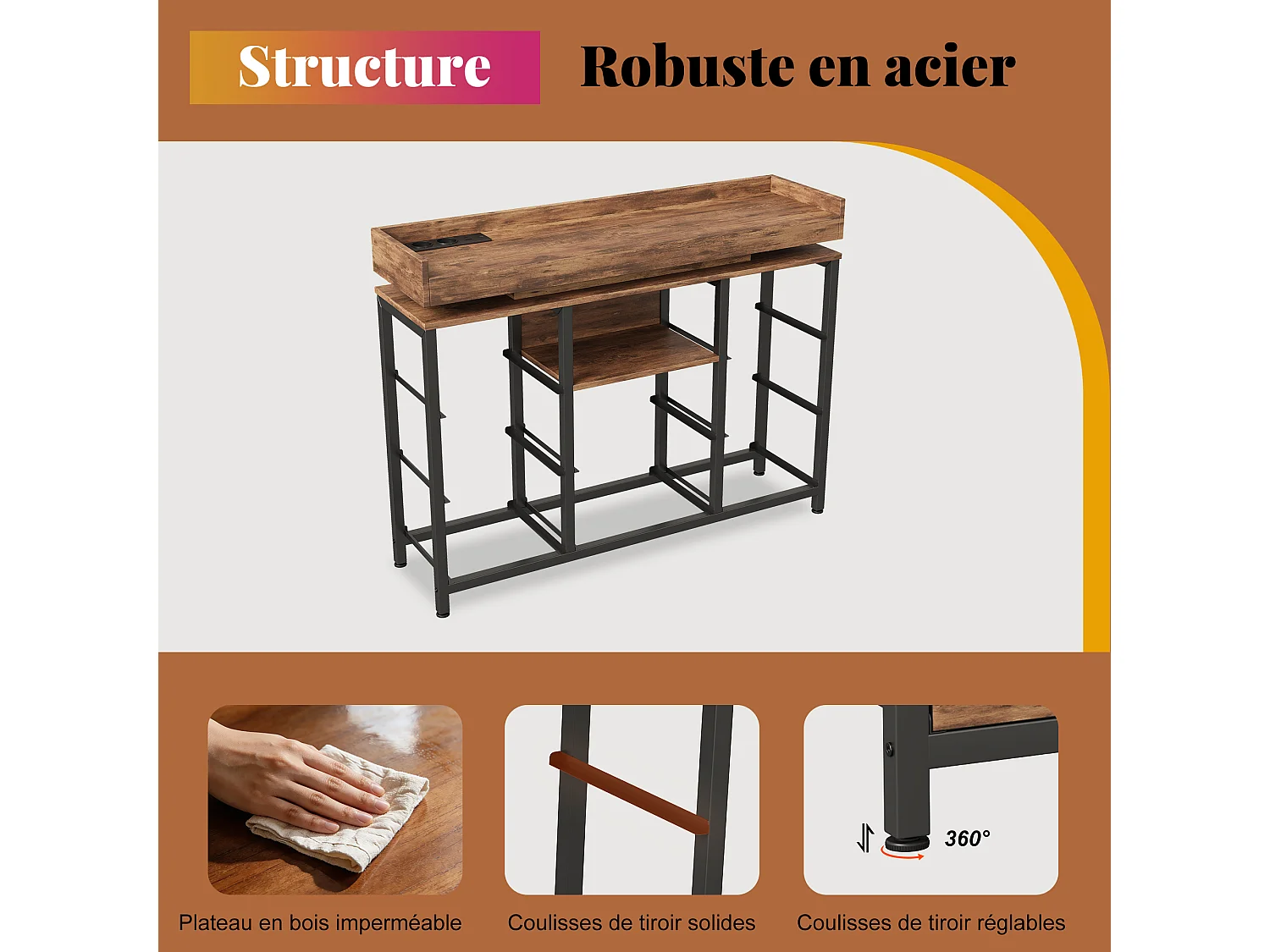 commode de tiroirs - - 108 x 30 x 82 cm - 8 tiroirs avec lumière LED RVB - avec prise de charge - marron