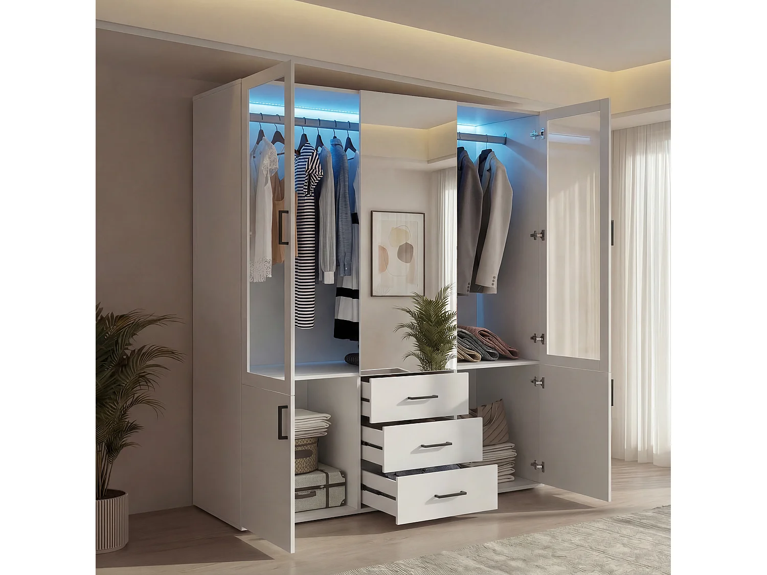 Witte hoekkast met 4 deuren, 3 lades, spiegel en LED - 130x52x182 cm, kledingopslag voor volwassenen