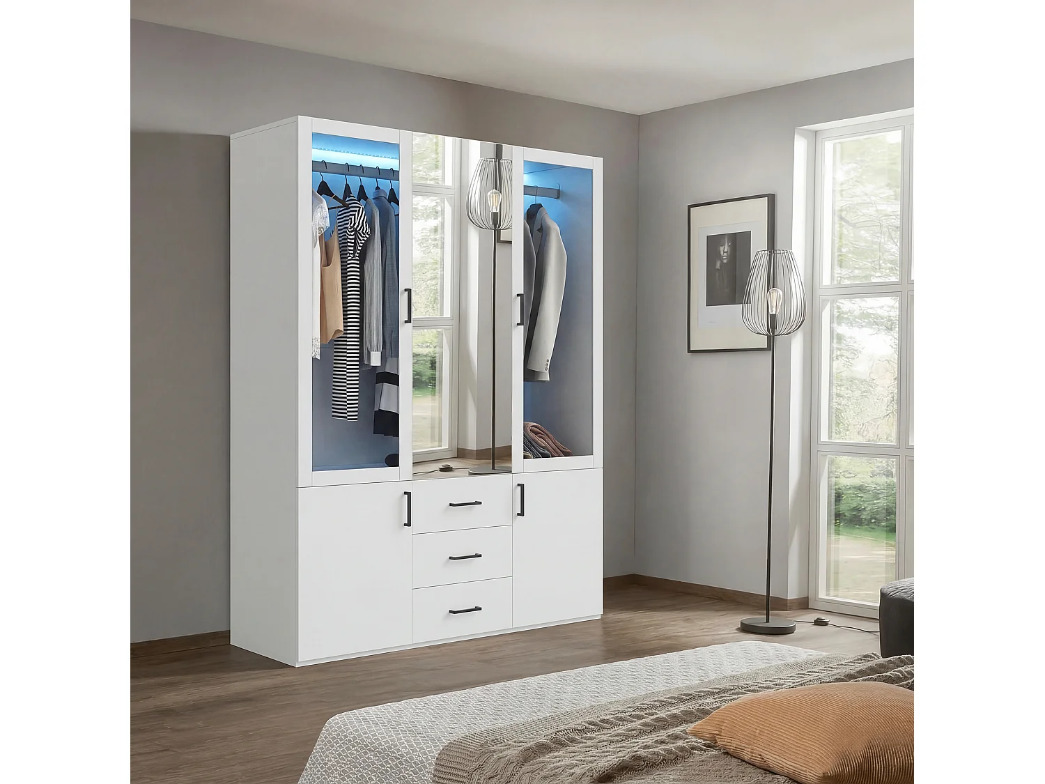 Witte hoekkast met 4 deuren, 3 lades, spiegel en LED - 130x52x182 cm, kledingopslag voor volwassenen